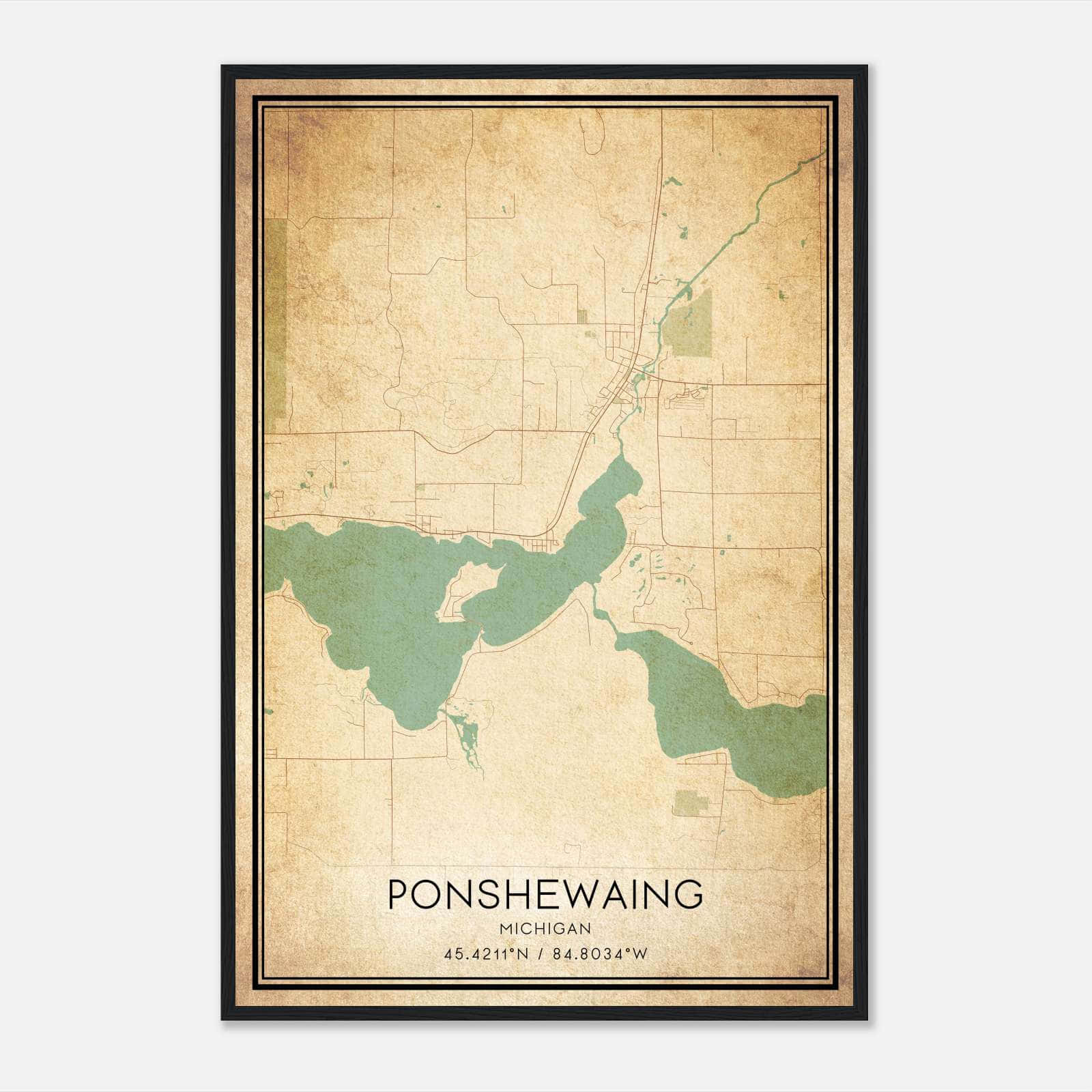 Vintage Ponshewaing Michigan Map Poster, Ponshewaing MI City Road Wall Art Print Vintage Ponshewaing Michigan Map Poster, Ponshewaing MI City Road Wall Art Print