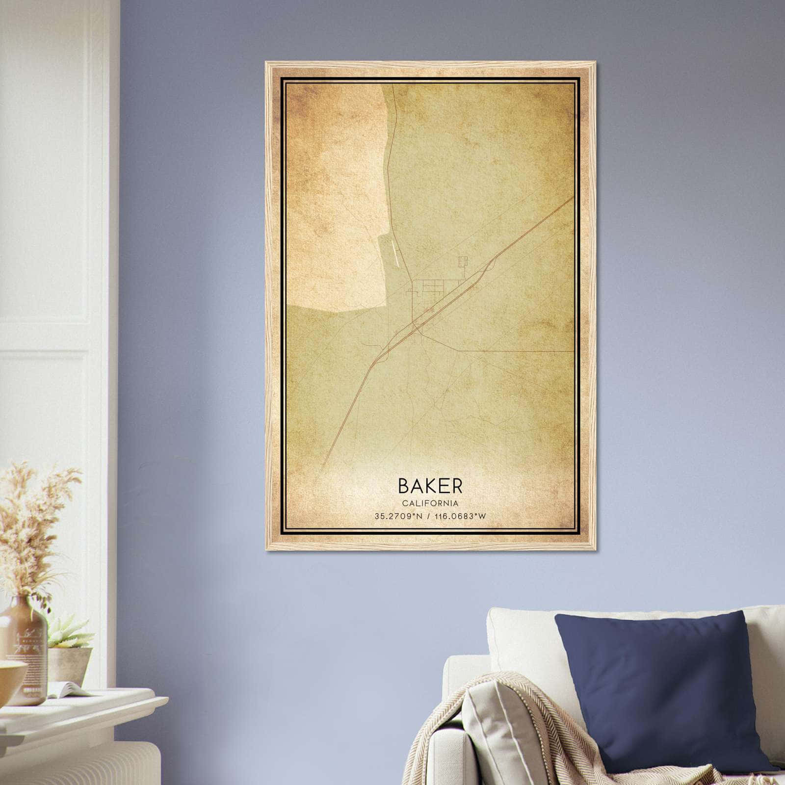 Vintage Baker California Map Poster, Baker CA City Road Wall Art Print
