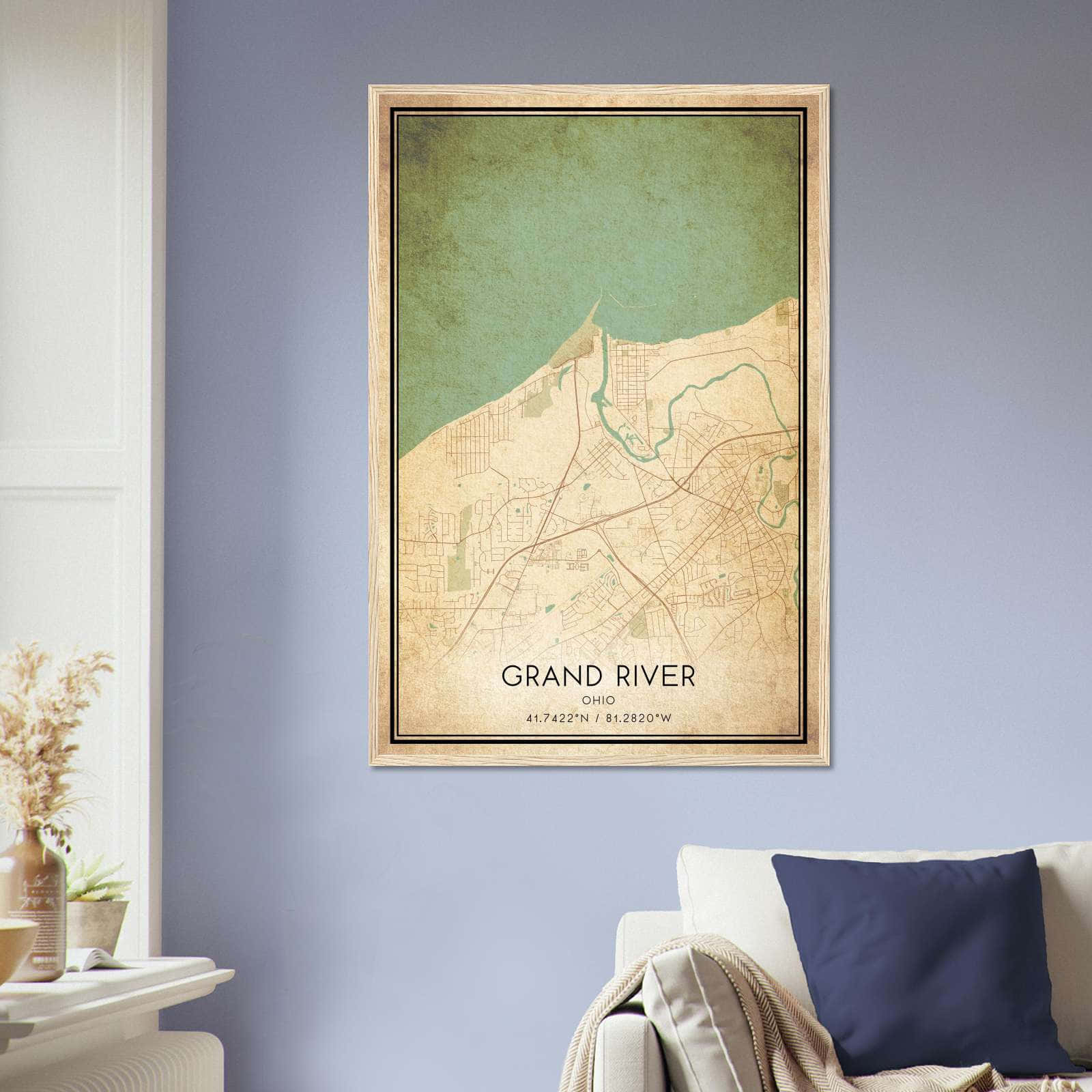 Vintage Grand River Ohio Map Poster, Grand River OH City Road Wall Art Print