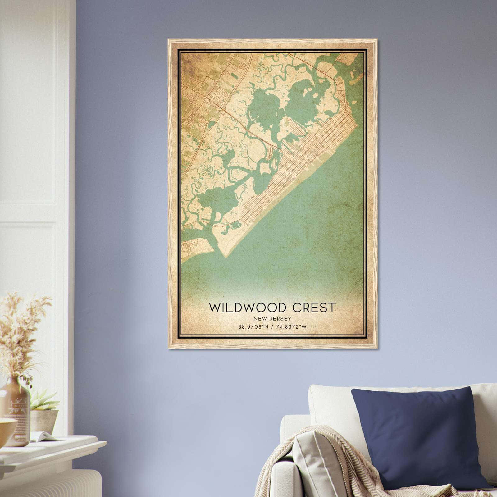 Vintage Wildwood Crest New Jersey Map Poster, Wildwood Crest NJ City Road Wall Art Print