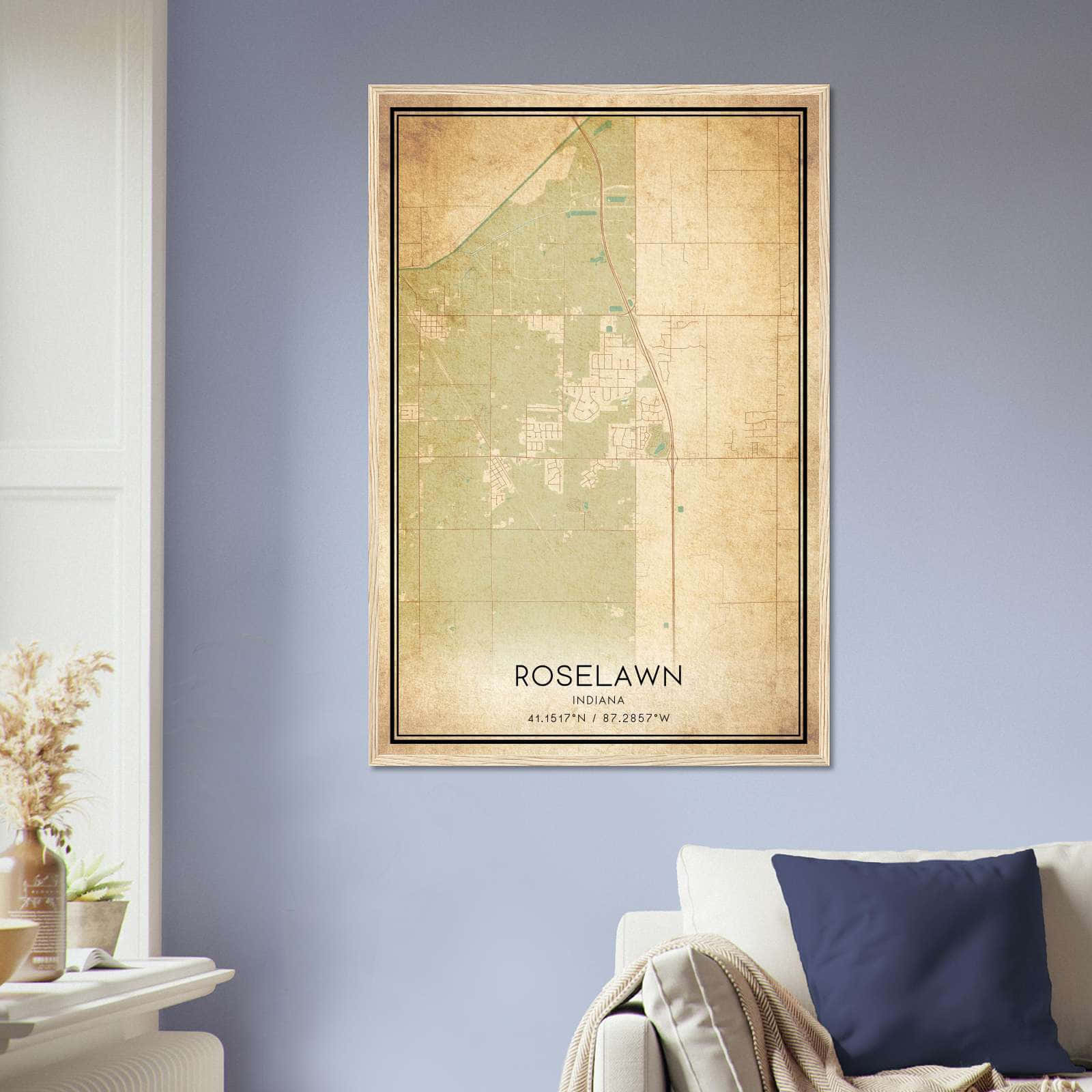 Vintage Roselawn Indiana Map Poster, Roselawn IN City Road Wall Art Print