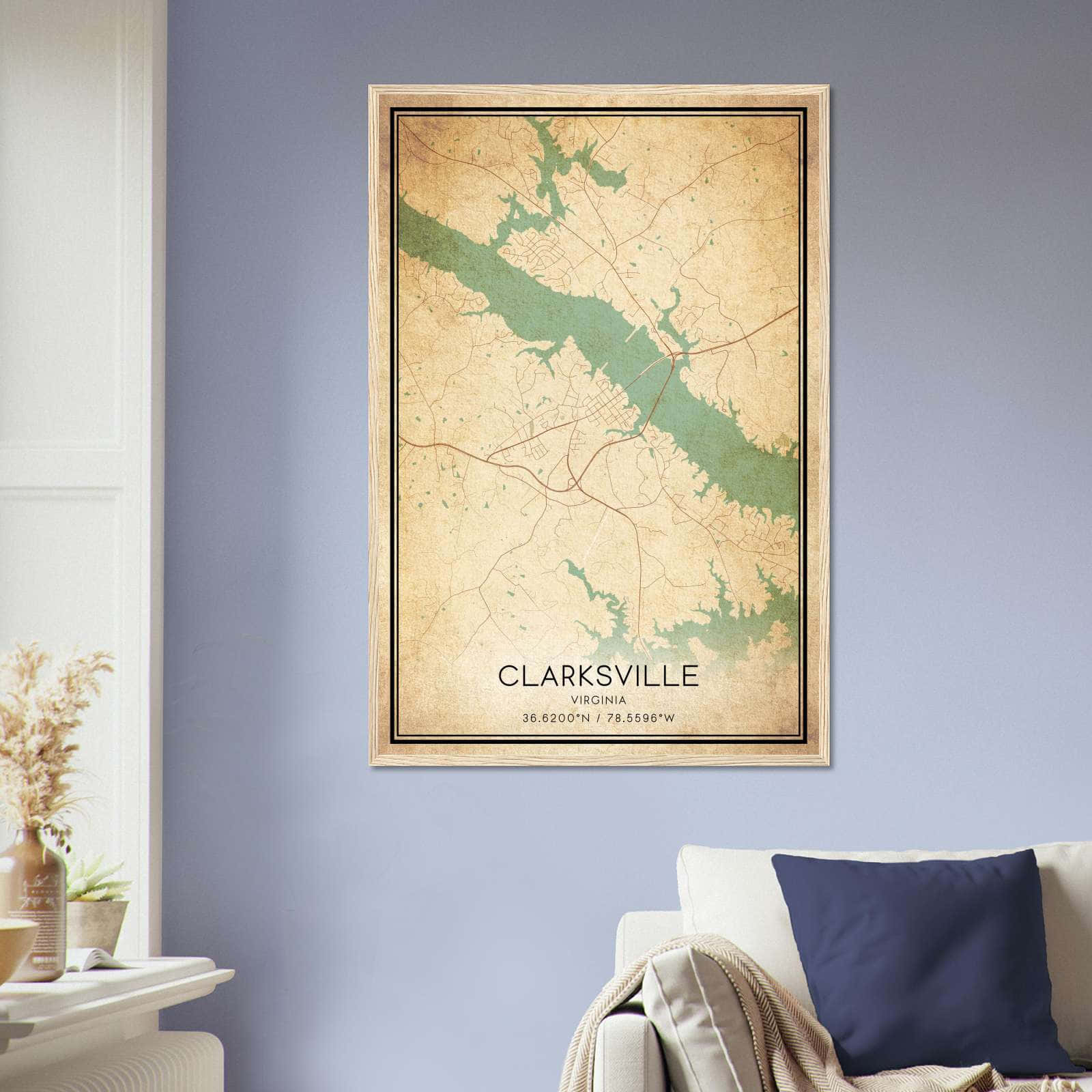 Vintage Clarksville Virginia Map Poster, Clarksville VA City Road Wall Art Print