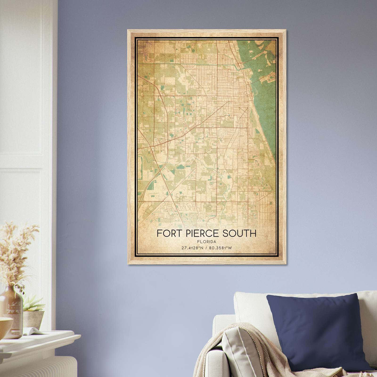 Vintage Fort Pierce South Florida Map Poster, Fort Pierce South FL City Road Wall Art Print
