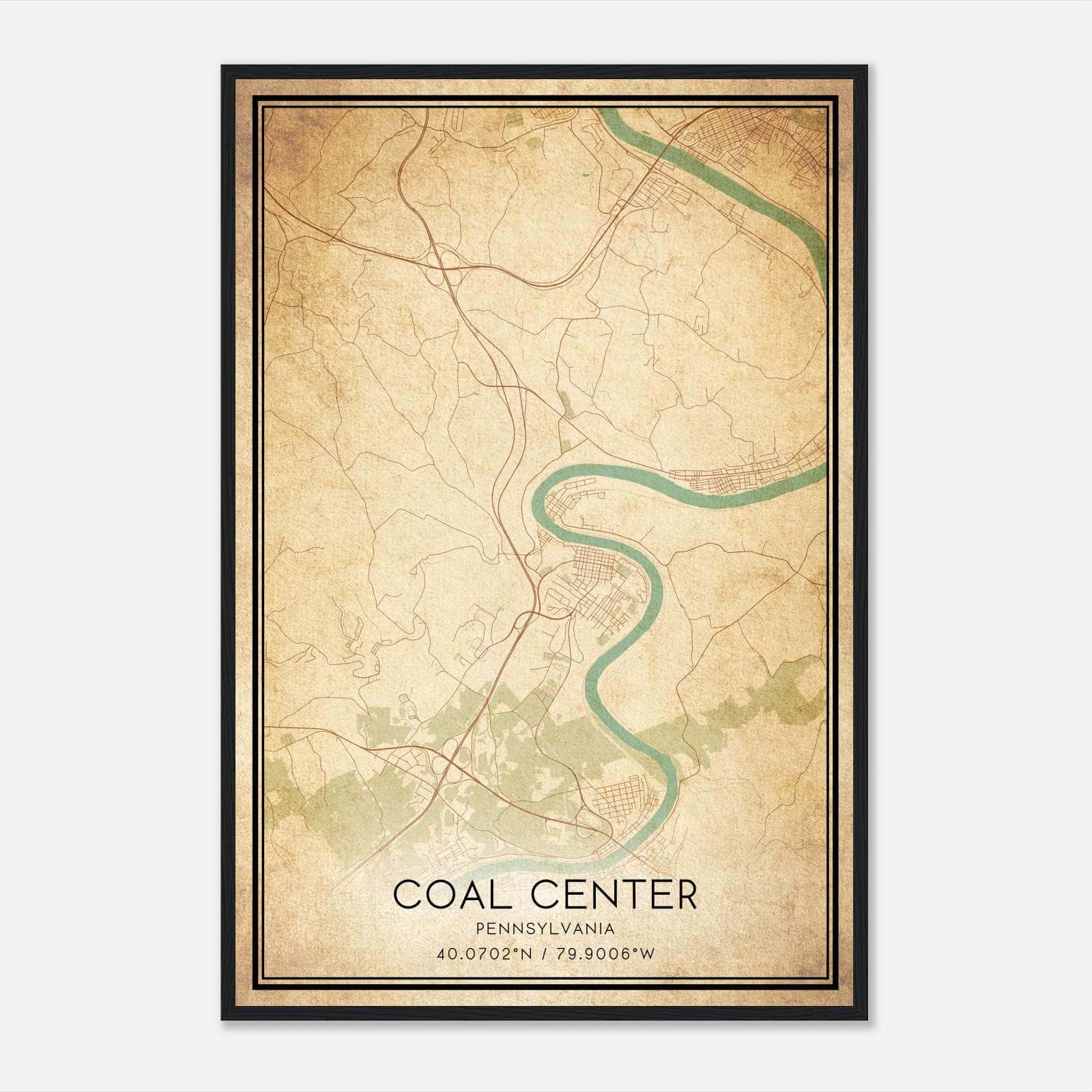 Vintage Coal Center Pennsylvania Map Poster, Coal Center PA City Road Wall Art Print Vintage Coal Center Pennsylvania Map Poster, Coal Center PA City Road Wall Art Print