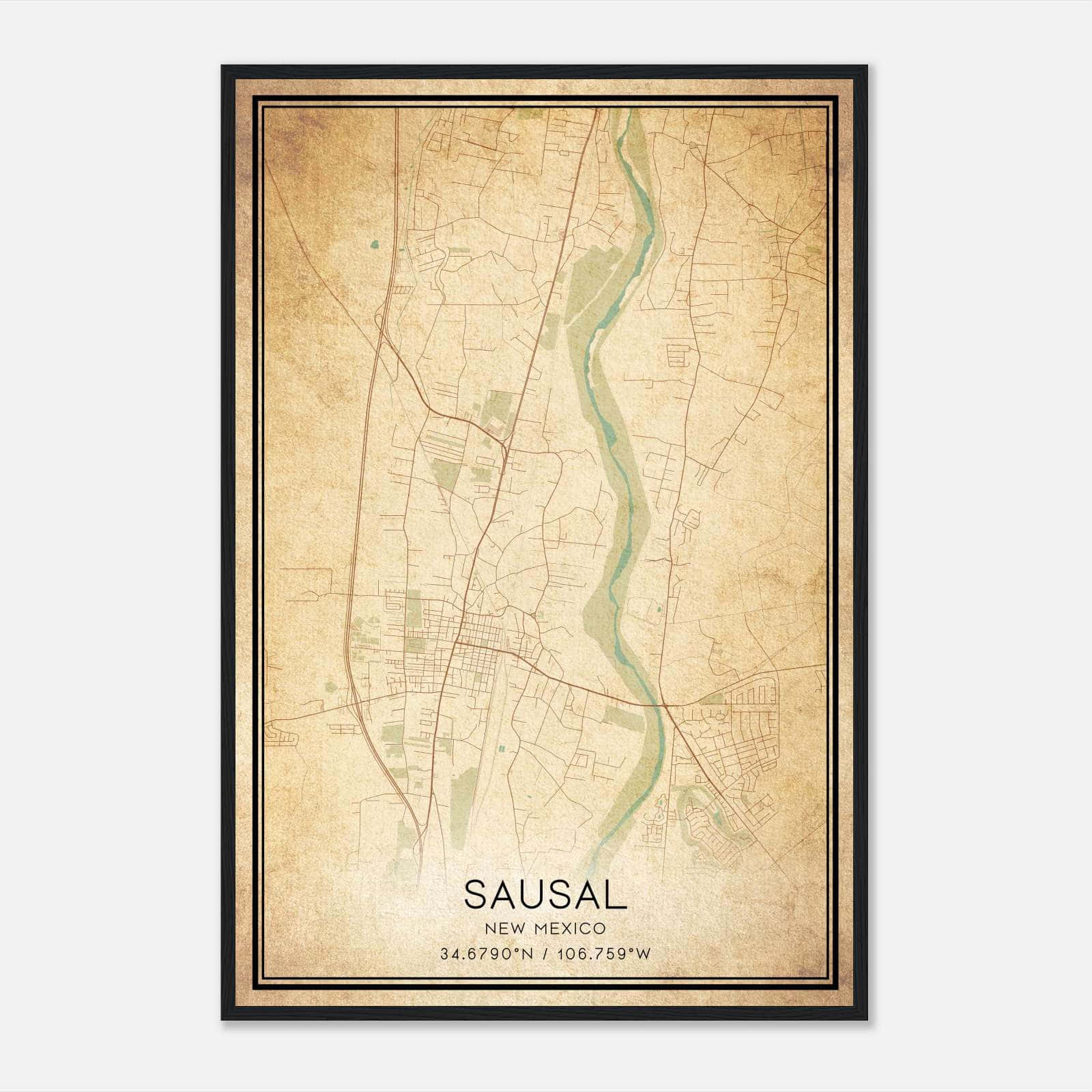Vintage Sausal New Mexico Map Poster, Sausal NM City Road Wall Art Print Vintage Sausal New Mexico Map Poster, Sausal NM City Road Wall Art Print