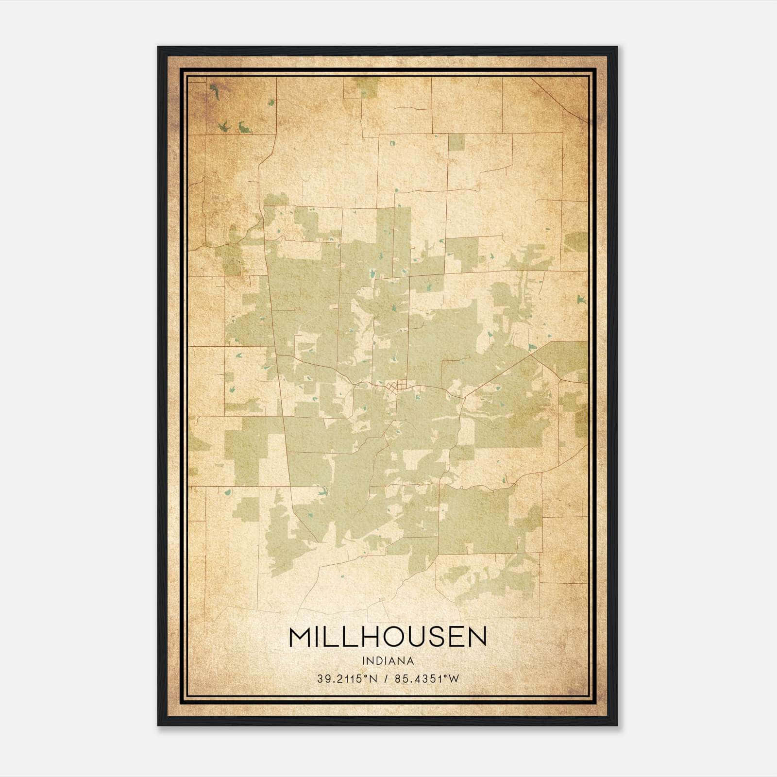 Vintage Millhousen Indiana Map Poster, Millhousen IN City Road Wall Art Print Vintage Millhousen Indiana Map Poster, Millhousen IN City Road Wall Art Print