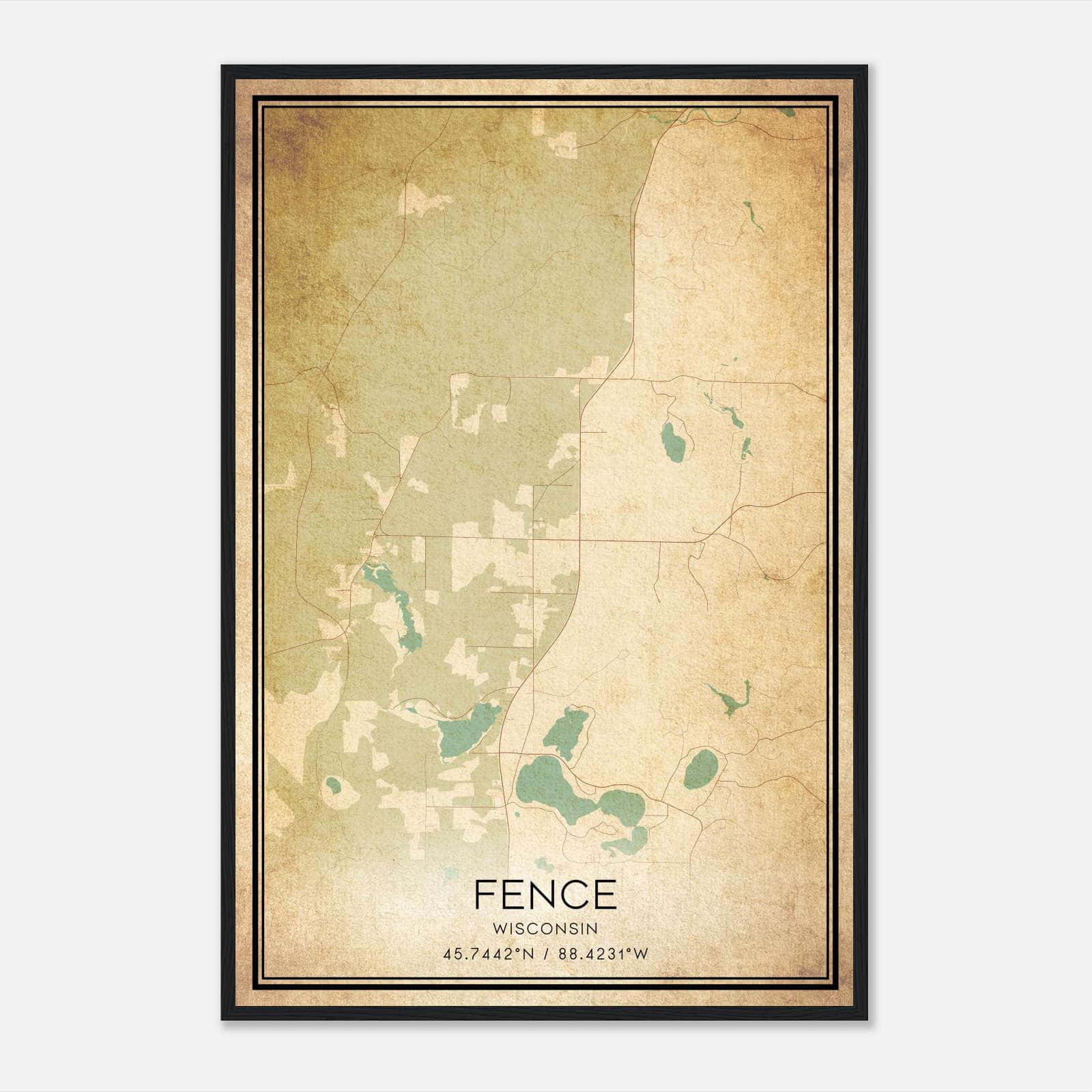 Vintage Fence Wisconsin Map Poster, Fence WI City Road Wall Art Print Vintage Fence Wisconsin Map Poster, Fence WI City Road Wall Art Print