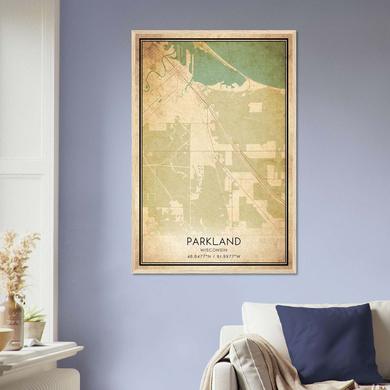 Vintage Parkland Wisconsin Map Poster, Parkland WI City Road Wall Art Print