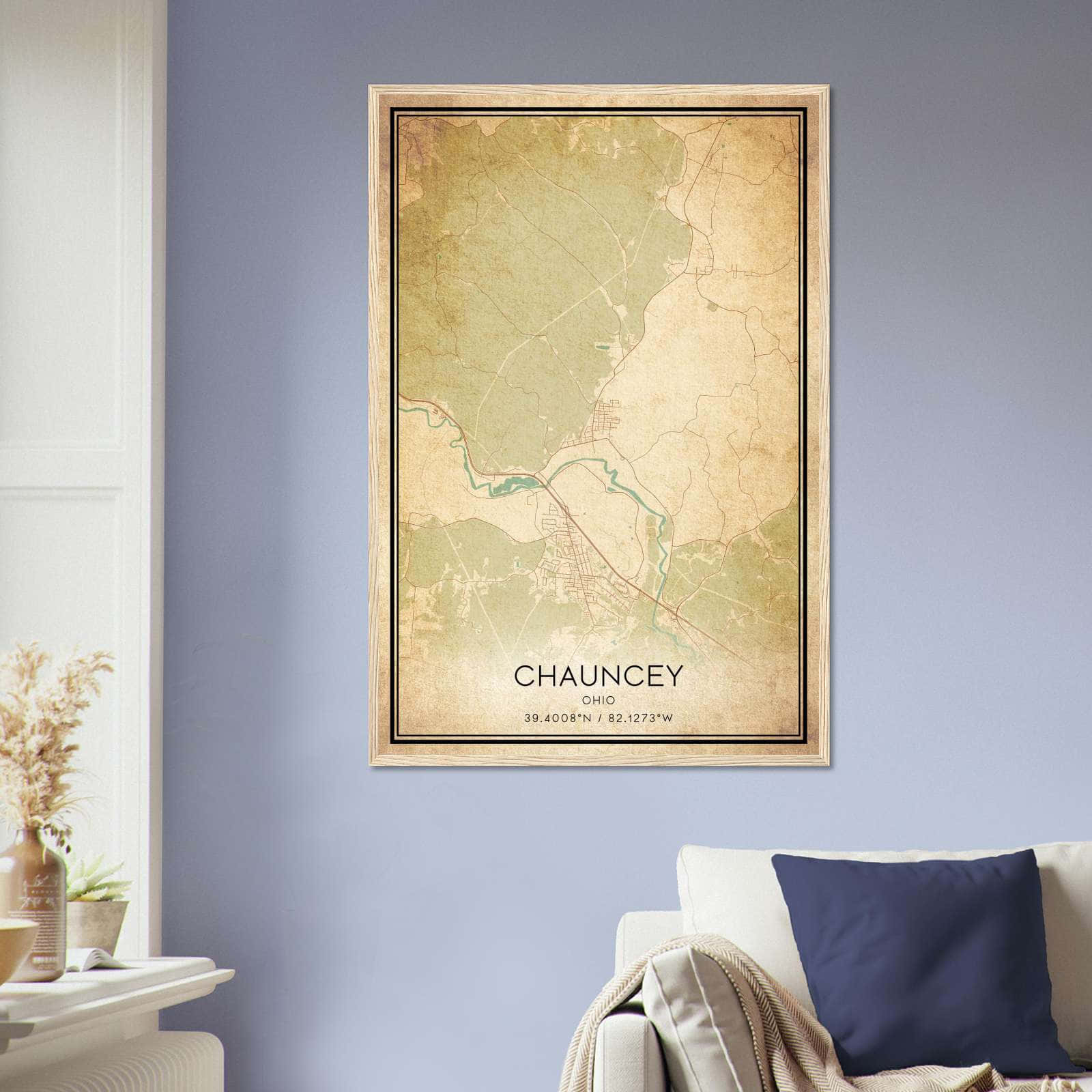 Vintage Chauncey Ohio Map Poster, Chauncey OH City Road Wall Art Print