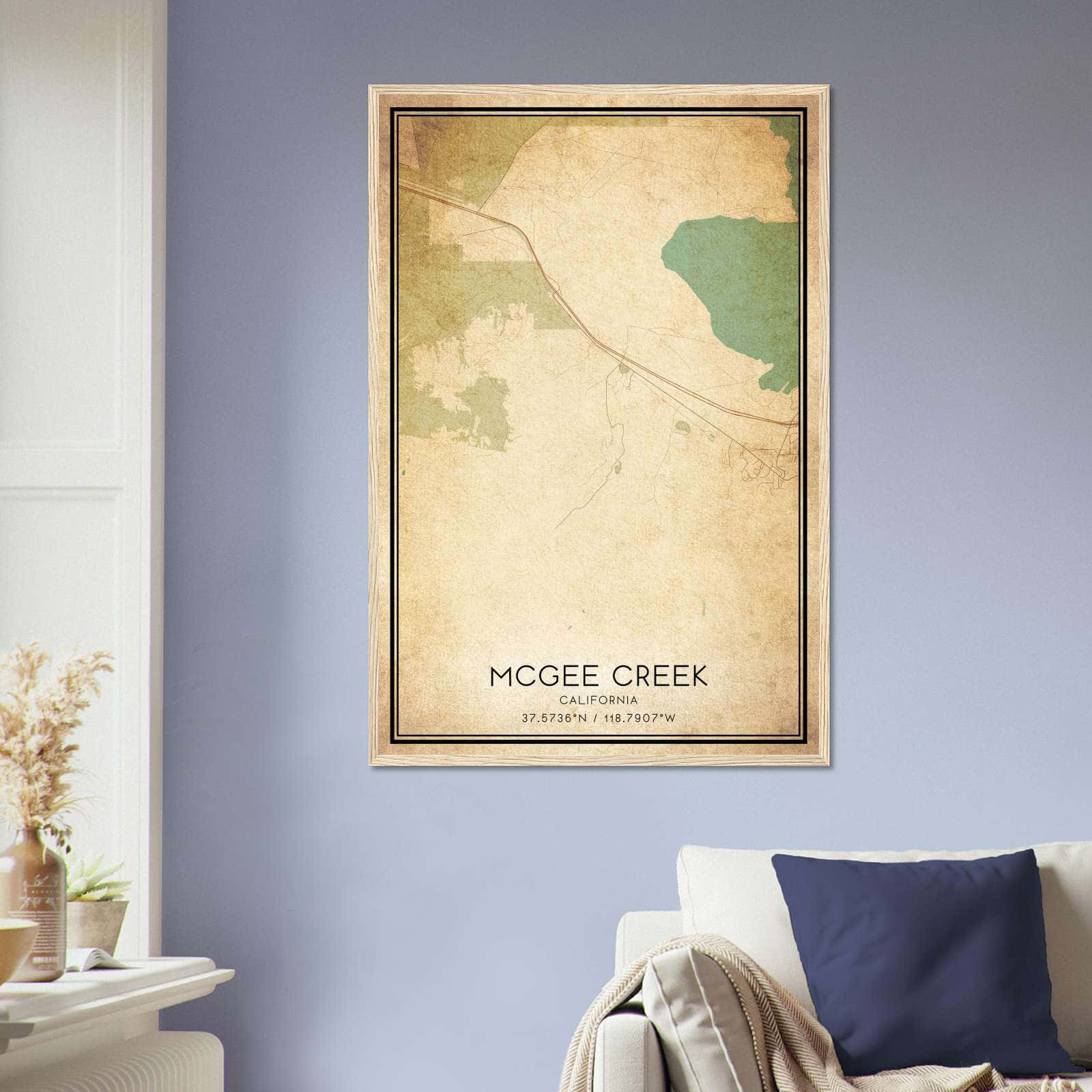 Vintage Mcgee Creek California Map Poster, Mcgee Creek CA City Road Wall Art Print