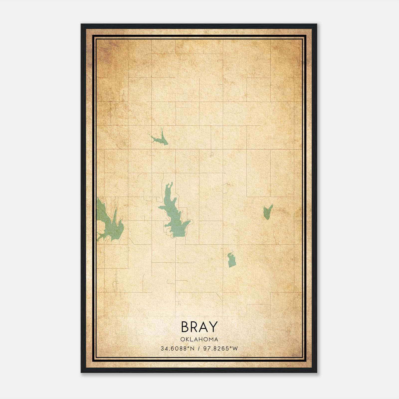 Vintage Bray Oklahoma Map Poster, Bray OK City Road Wall Art Print Vintage Bray Oklahoma Map Poster, Bray OK City Road Wall Art Print