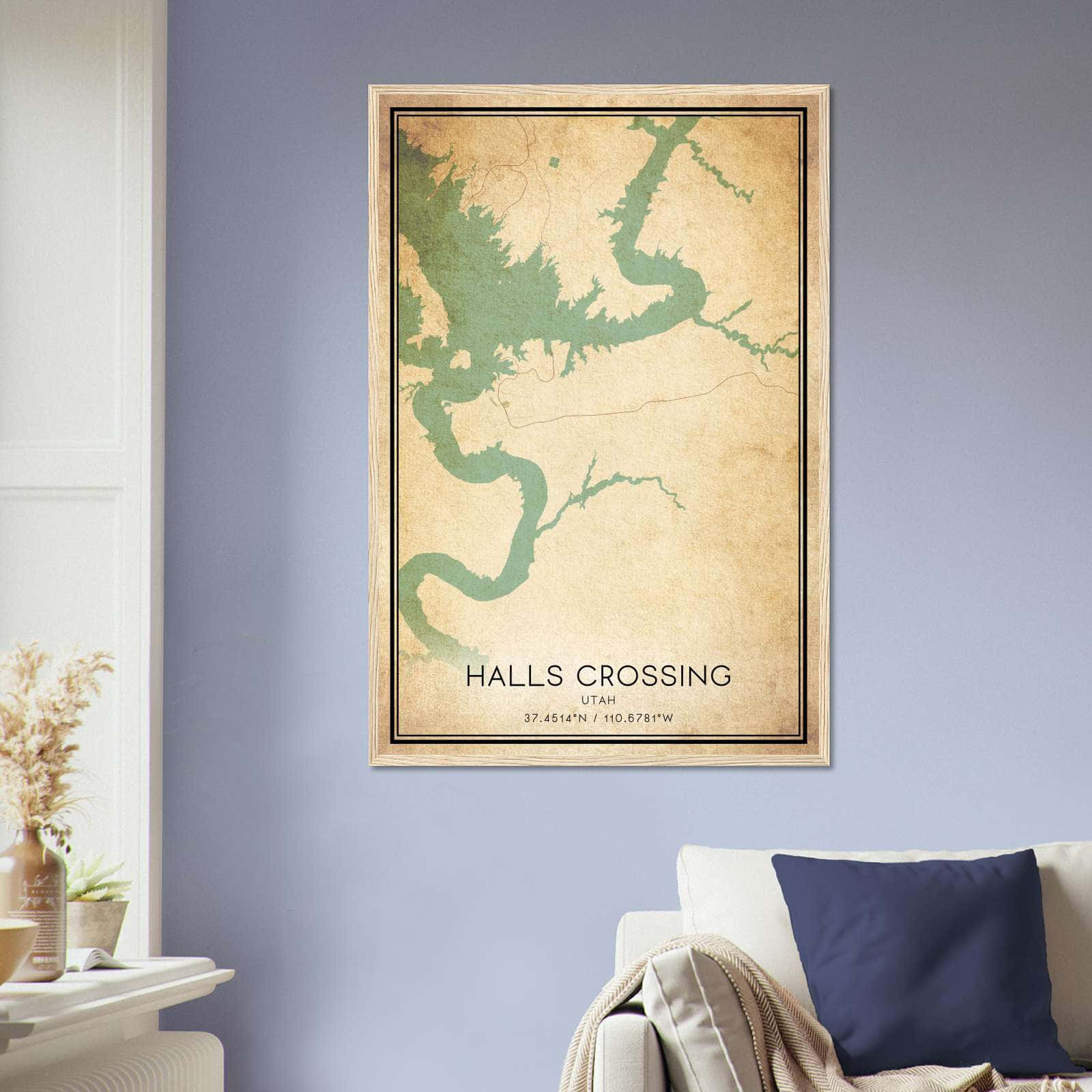 Vintage Halls Crossing Utah Map Poster, Halls Crossing UT City Road Wall Art Print