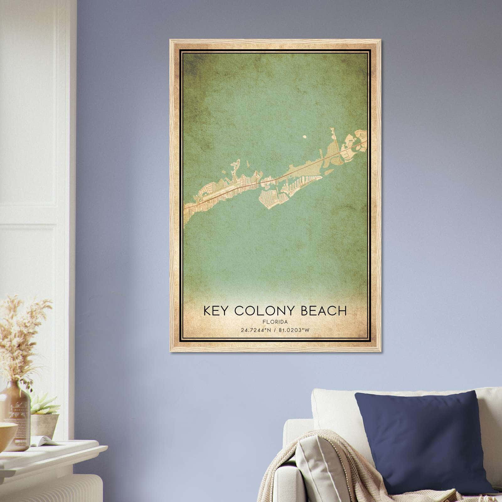 Vintage Key Colony Beach Florida Map Poster, Key Colony Beach FL City Road Wall Art Print