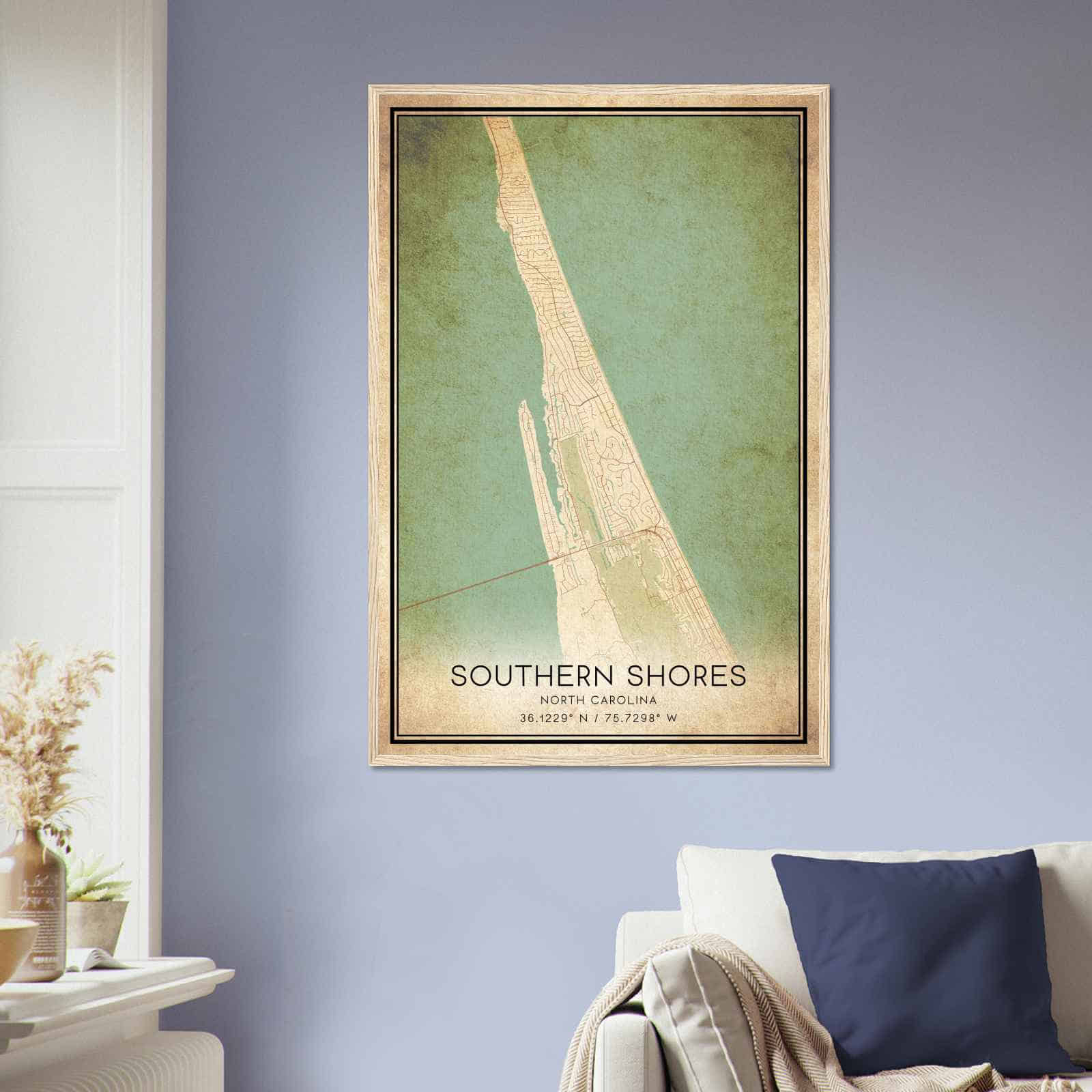 Vintage Southern Shores North Carolina Map Poster, Southern Shores NC City Road Wall Art Print
