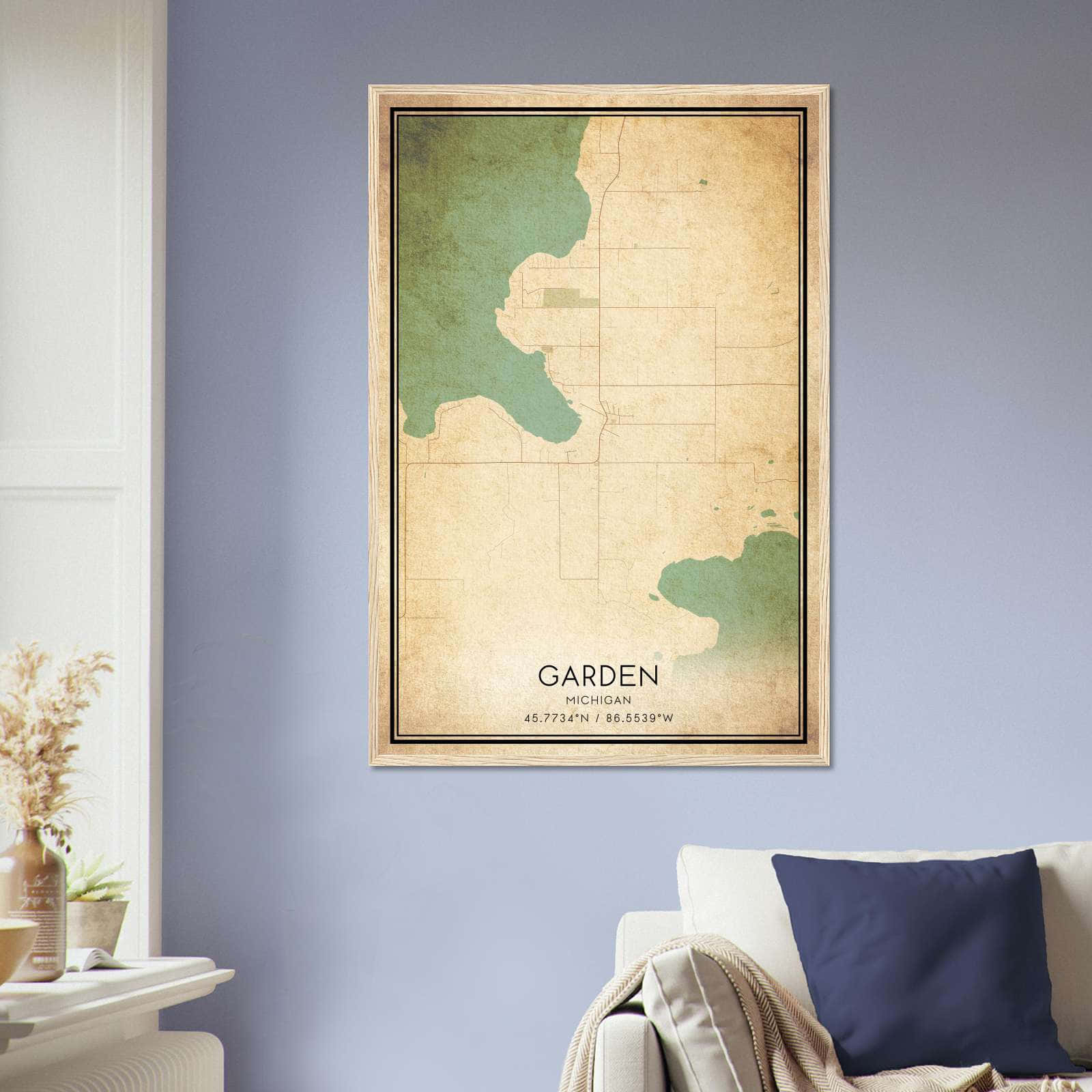 Vintage Garden Michigan Map Poster, Garden MI City Road Wall Art Print