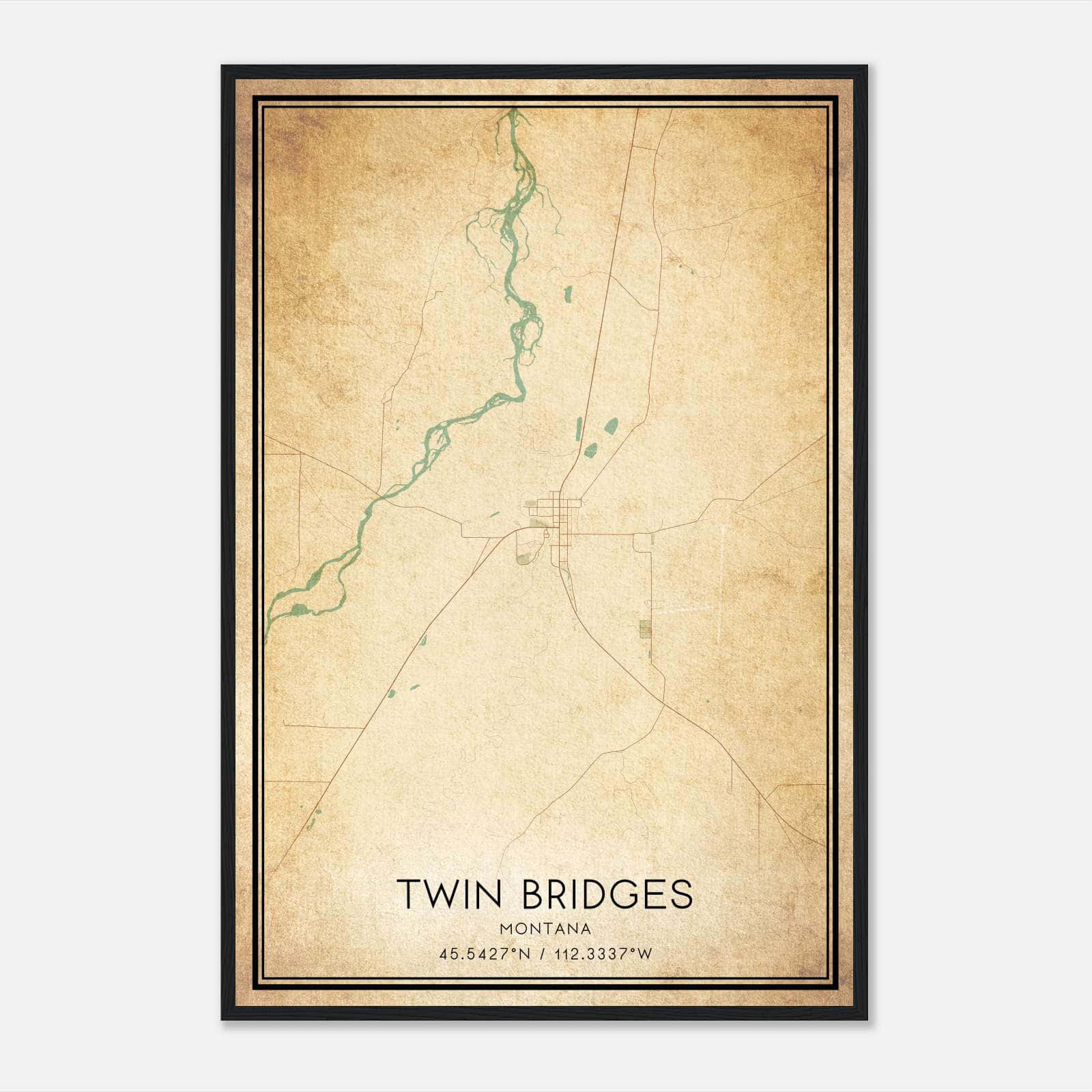 Vintage Twin Bridges Montana Map Poster, Twin Bridges MT City Road Wall