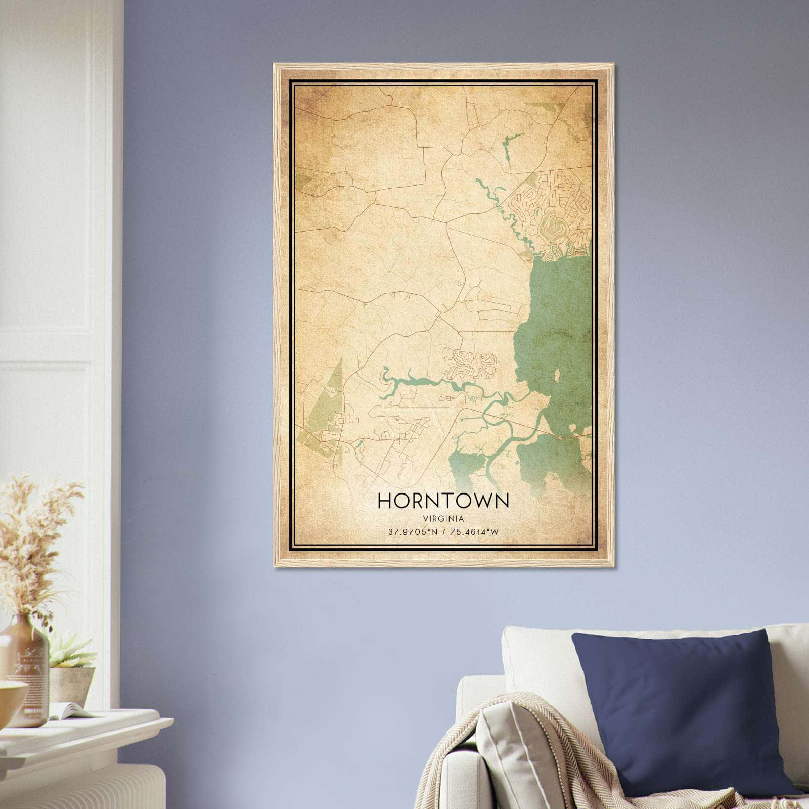 Vintage Horntown Virginia Map Poster, Horntown VA City Road Wall Art Print
