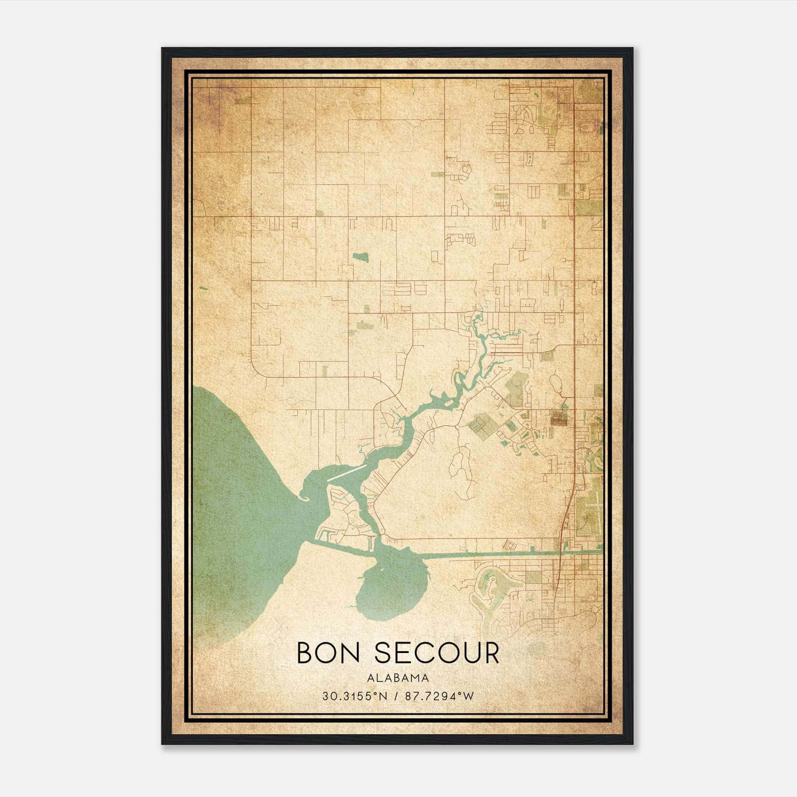Vintage Bon Secour Alabama Map Poster, Bon Secour AL City Road Wall Art Print Vintage Bon Secour Alabama Map Poster, Bon Secour AL City Road Wall Art Print