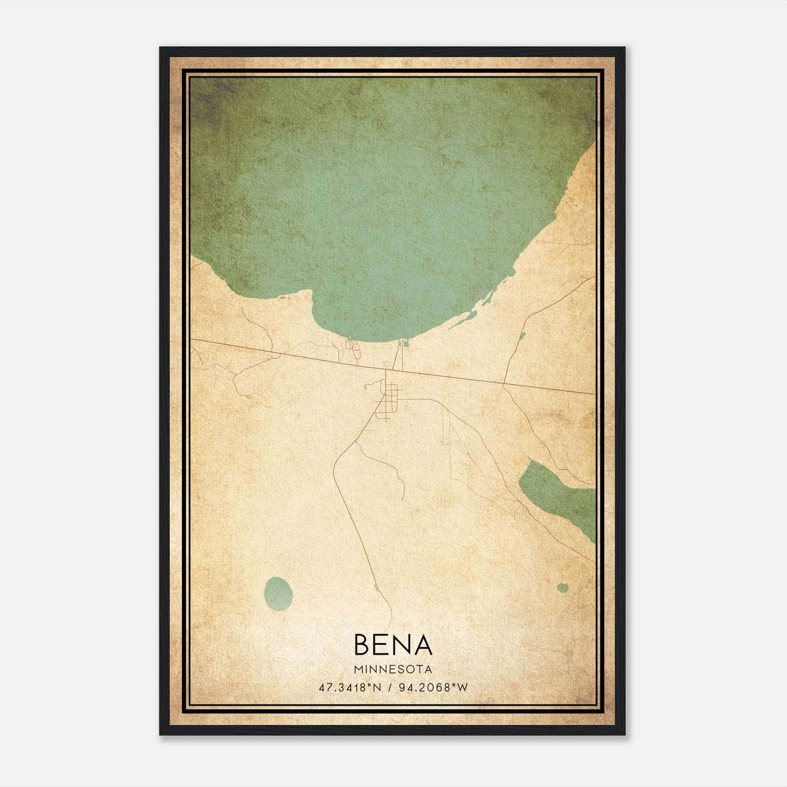 Vintage Bena Minnesota Map Poster, Bena MN City Road Wall Art Print Vintage Bena Minnesota Map Poster, Bena MN City Road Wall Art Print