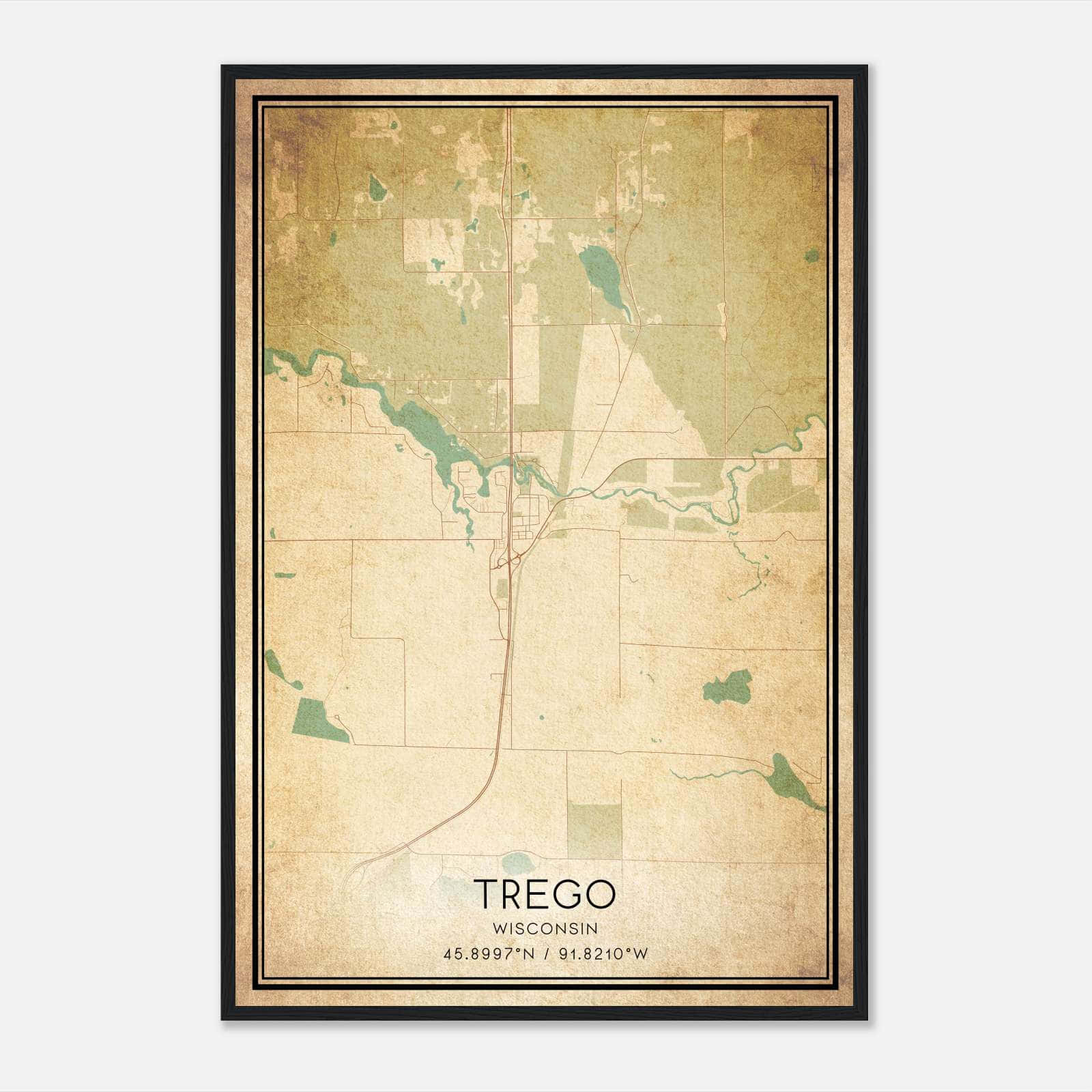 Vintage Trego Wisconsin Map Poster, Trego WI City Road Wall Art Print Vintage Trego Wisconsin Map Poster, Trego WI City Road Wall Art Print