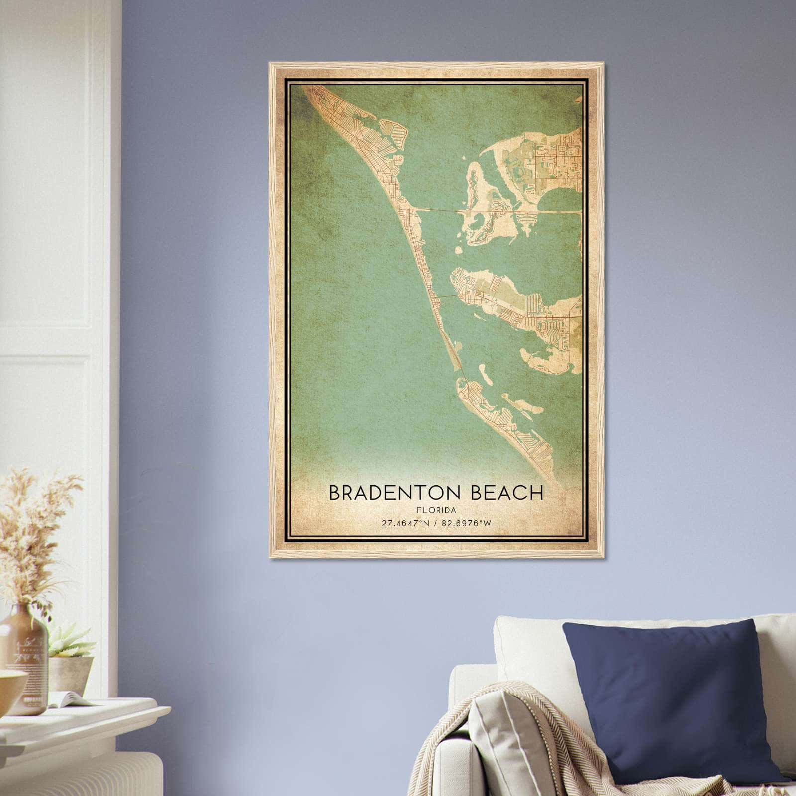 Vintage Bradenton Beach Florida Map Poster, Bradenton Beach FL City Road Wall Art Print