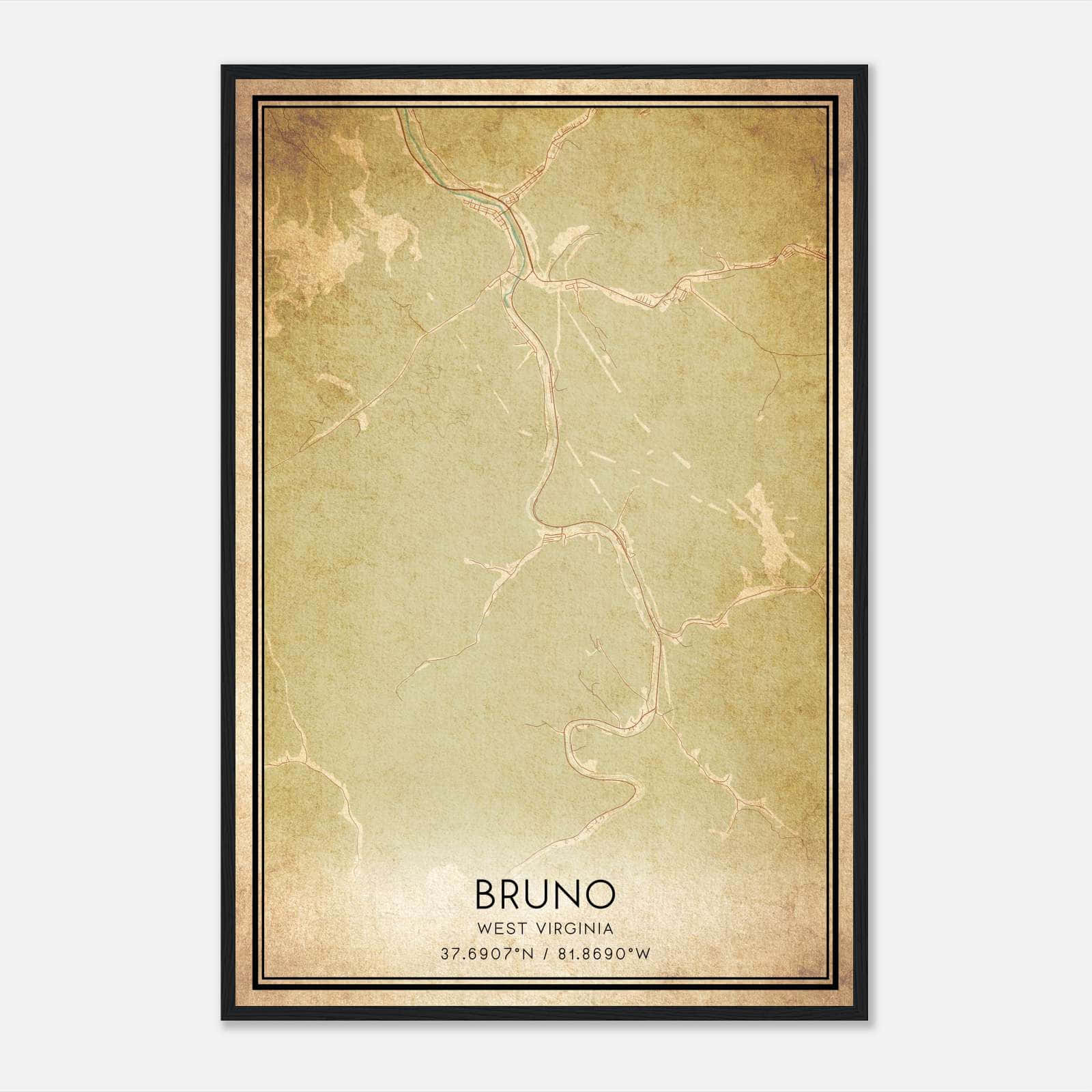 Vintage Bruno West Virginia Map Poster, Bruno WV City Road Wall Art Print Vintage Bruno West Virginia Map Poster, Bruno WV City Road Wall Art Print