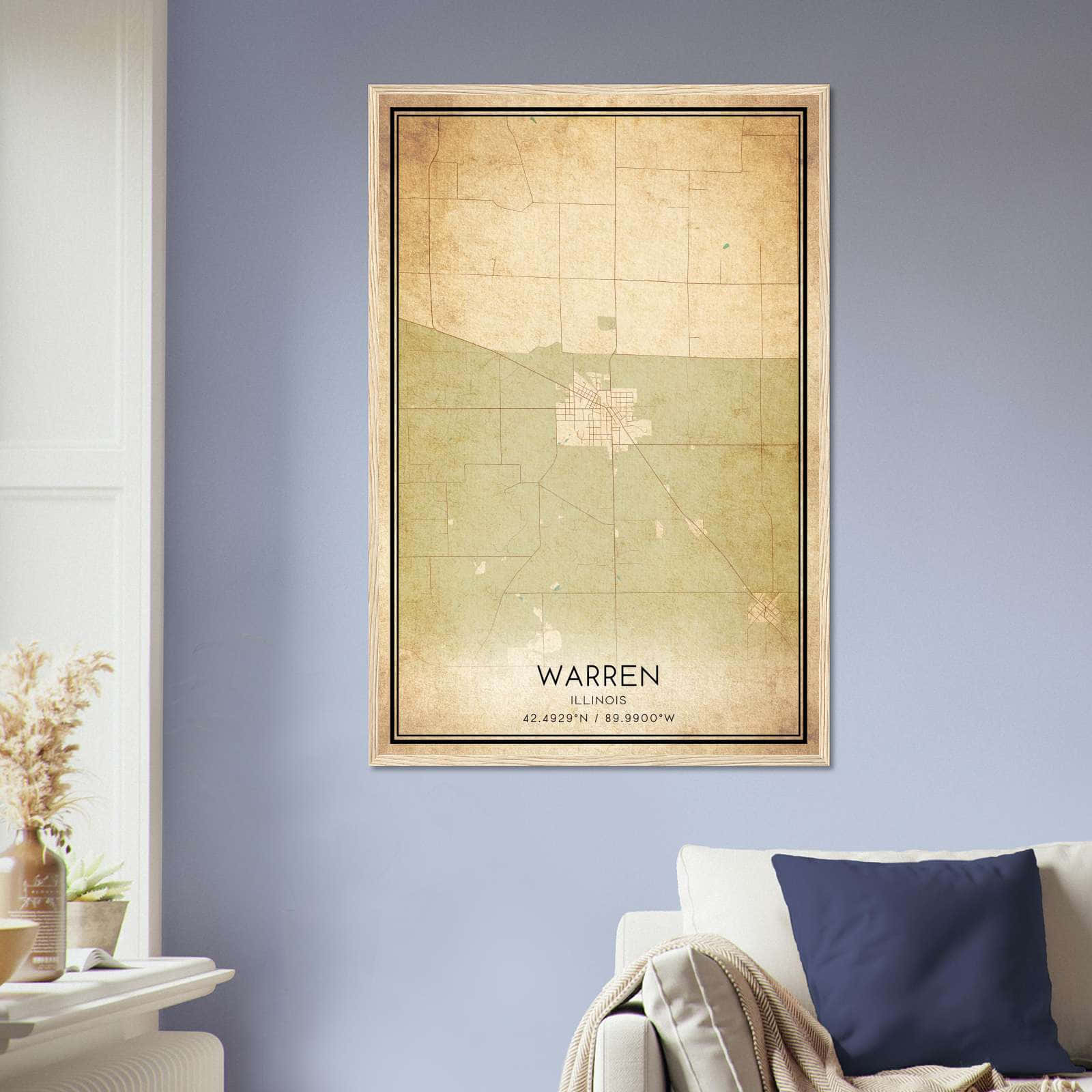 Vintage Warren Illinois Map Poster, Warren IL City Road Wall Art Print