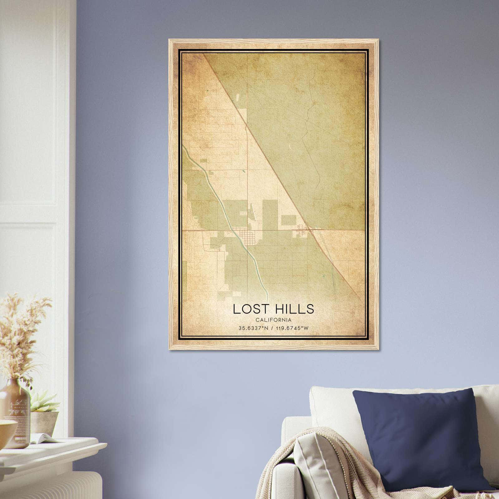 Vintage Lost Hills California Map Poster, Lost Hills CA City Road Wall Art Print