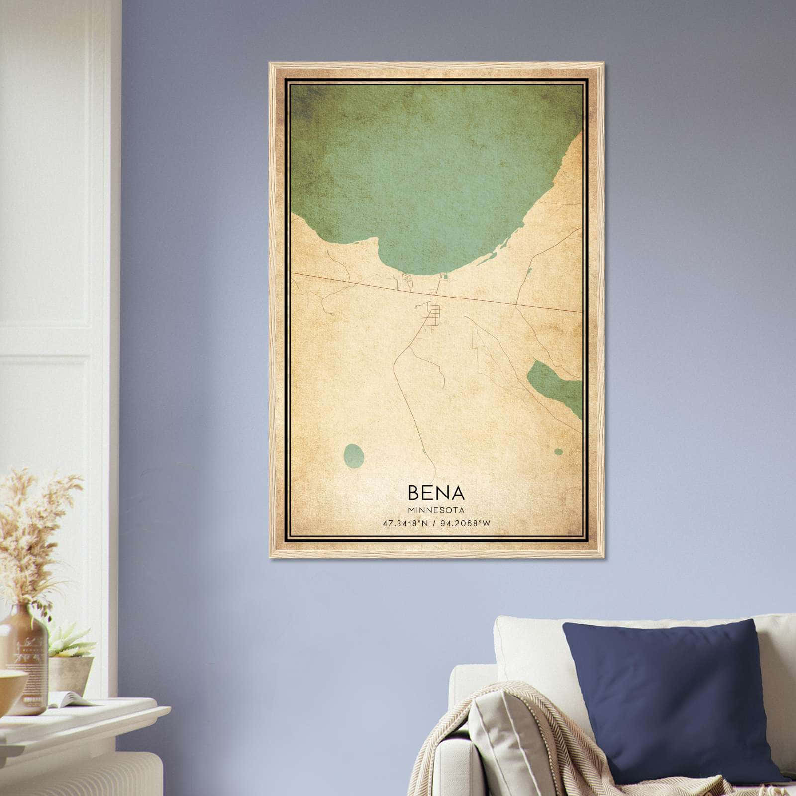 Vintage Bena Minnesota Map Poster, Bena MN City Road Wall Art Print