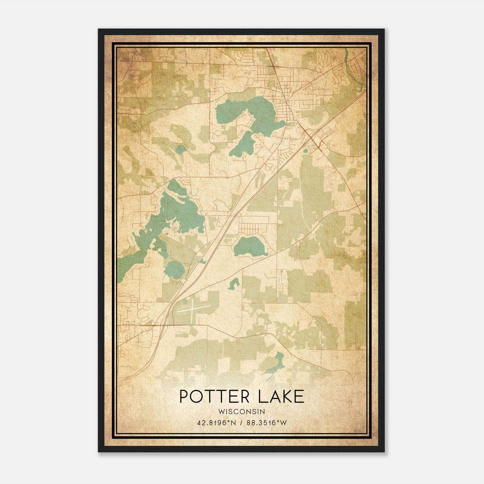 Vintage Potter Lake Wisconsin Map Poster, Potter Lake WI City Road Wall Art Print Vintage Potter Lake Wisconsin Map Poster, Potter Lake WI City Road Wall Art Print