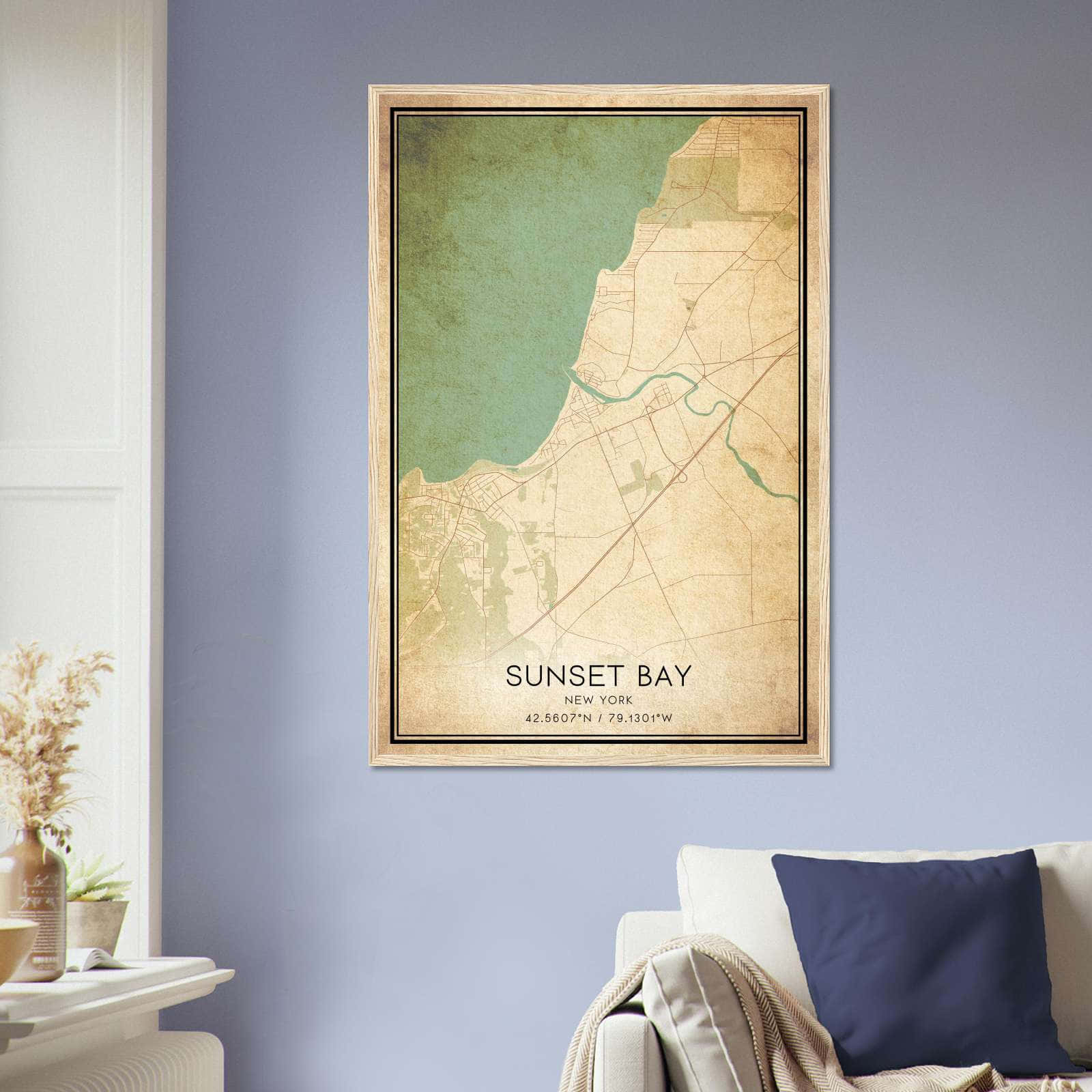 Vintage Sunset Bay New York Map Poster, Sunset Bay NY City Road Wall Art Print