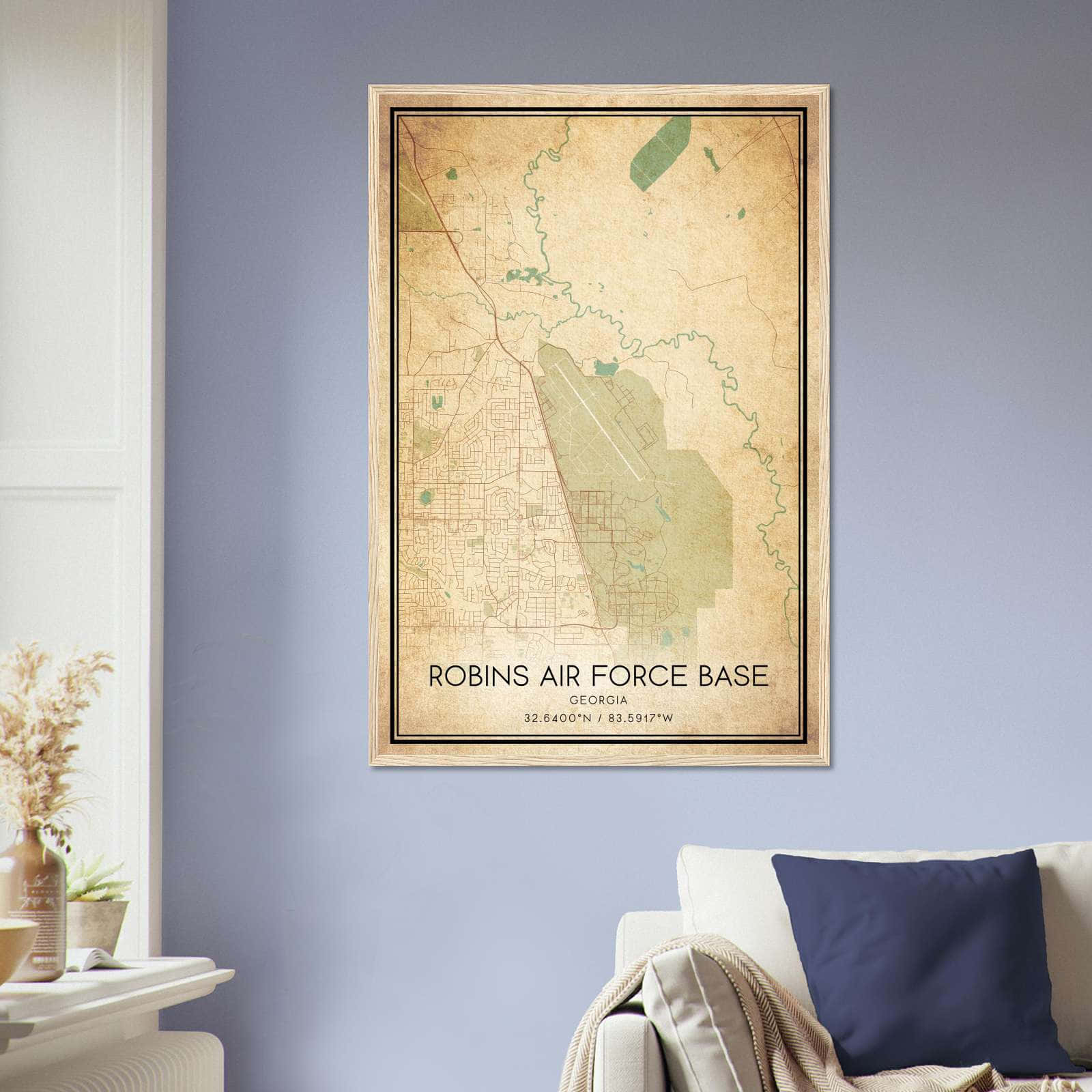 Vintage Robins Air Force Base Georgia Map Poster, Robins Air Force Base GA City Road Wall Art Print