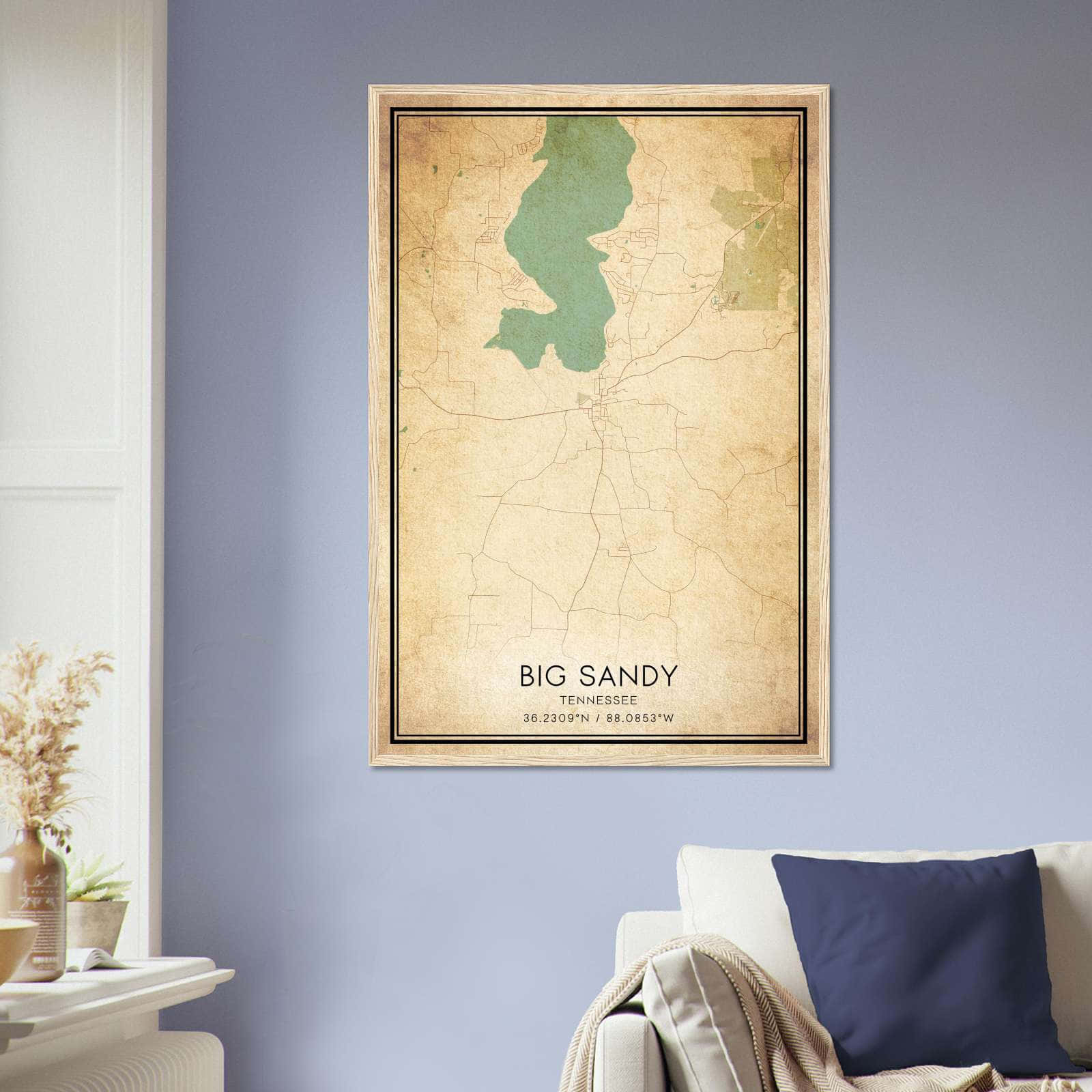 Vintage Big Sandy Tennessee Map Poster, Big Sandy TN City Road Wall Art Print