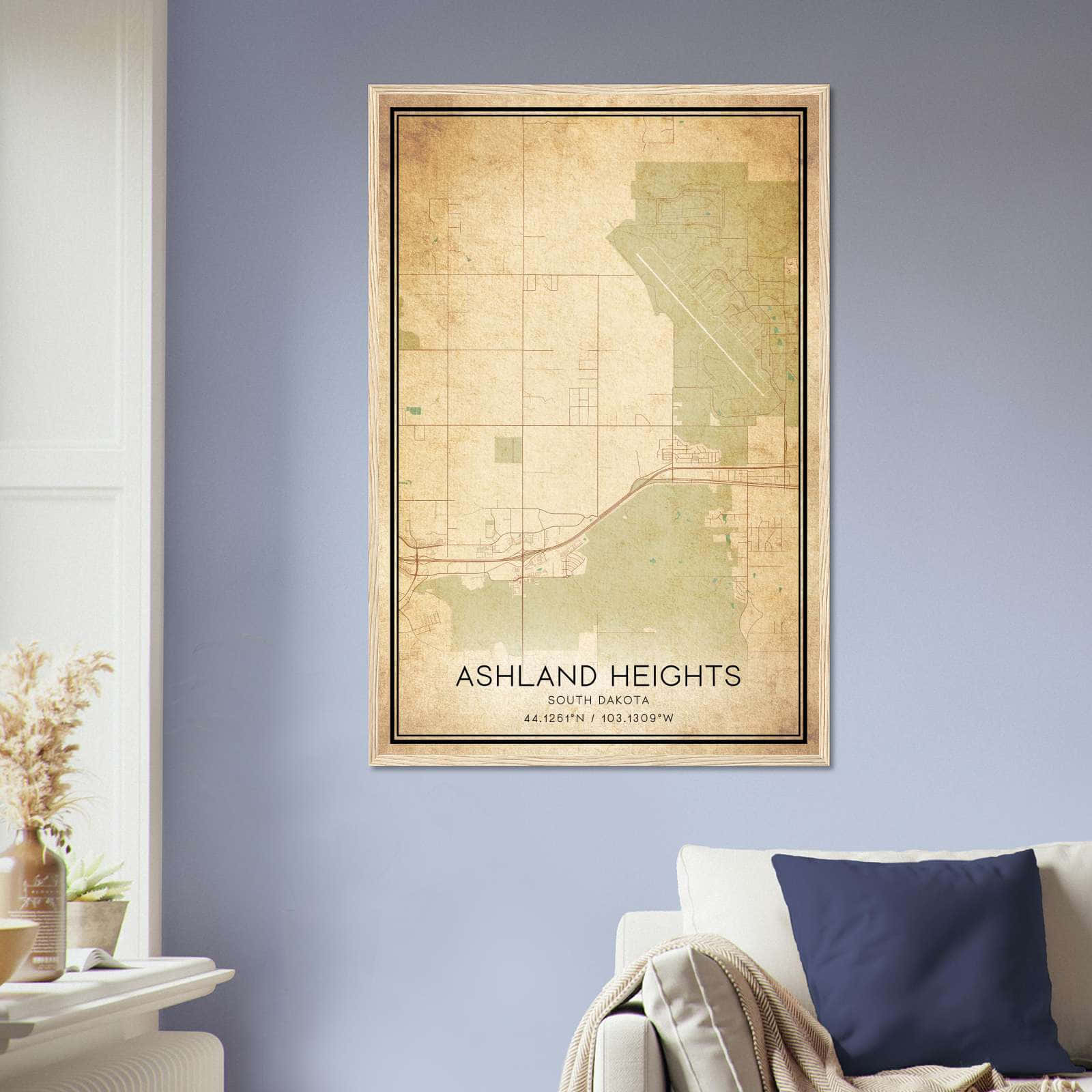 Vintage Ashland Heights South Dakota Map Poster, Ashland Heights SD City Road Wall Art Print