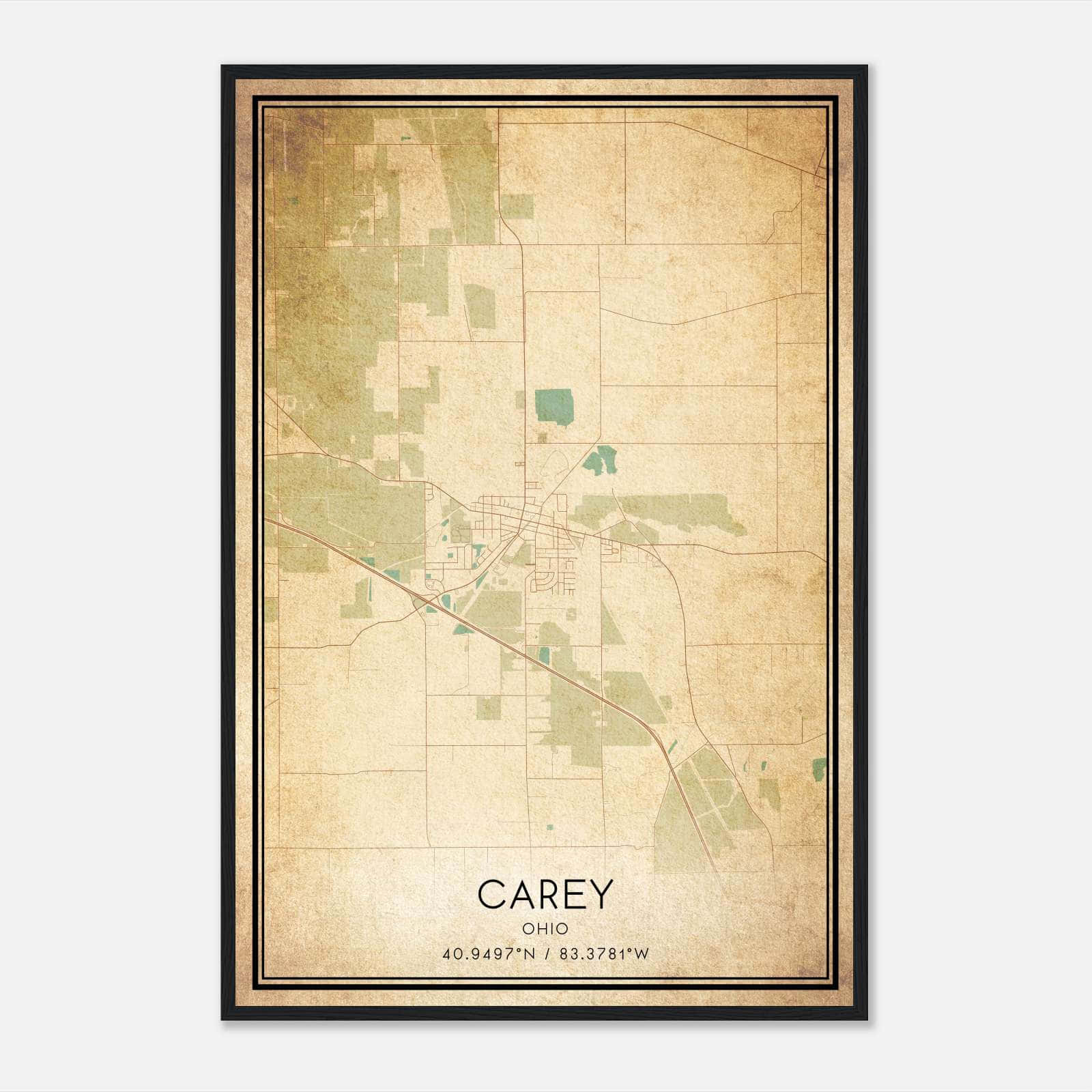 Vintage Carey Ohio Map Poster, Carey OH City Road Wall Art Print Vintage Carey Ohio Map Poster, Carey OH City Road Wall Art Print
