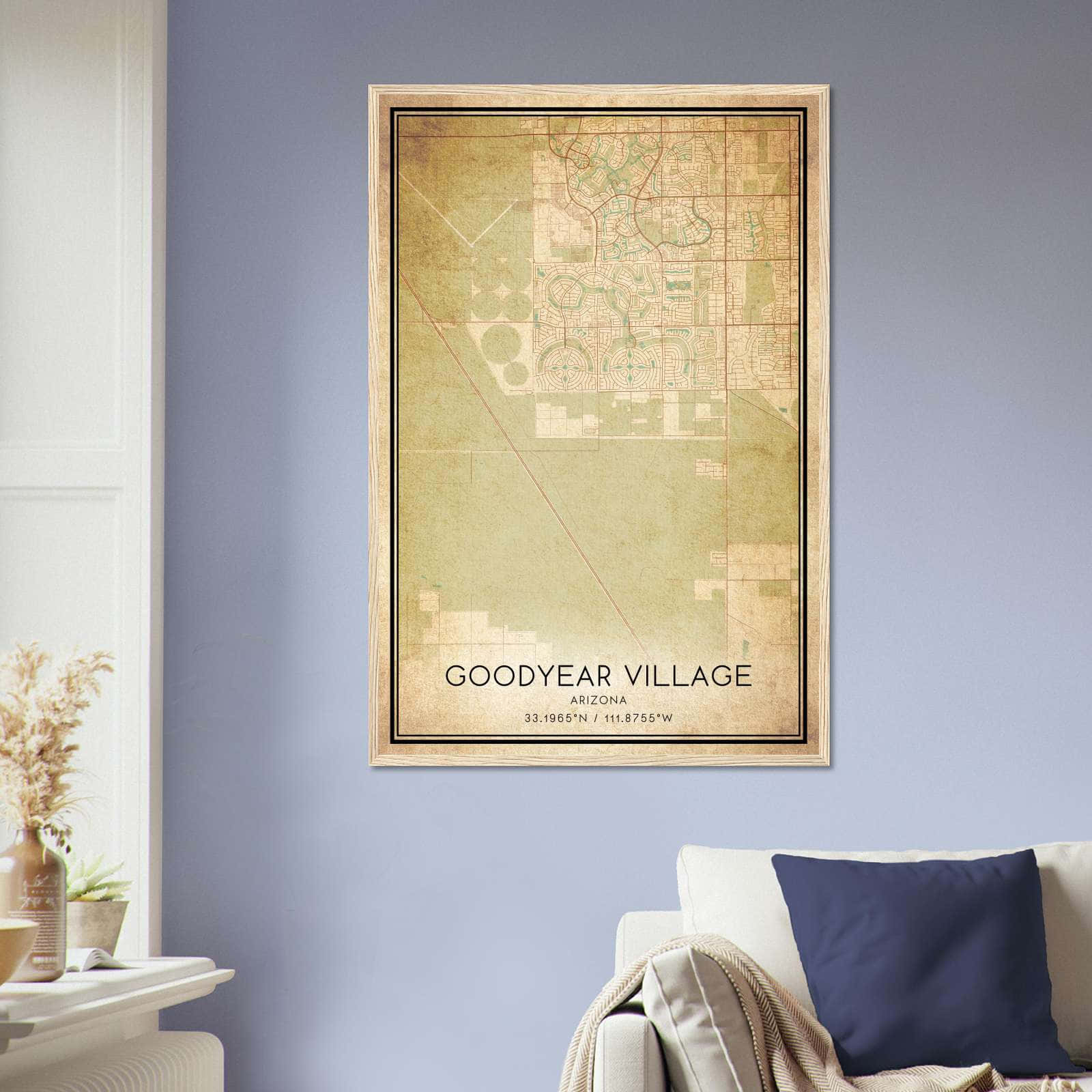 Vintage Goodyear Village Arizona Map Poster, Goodyear Village AZ City Road Wall Art Print