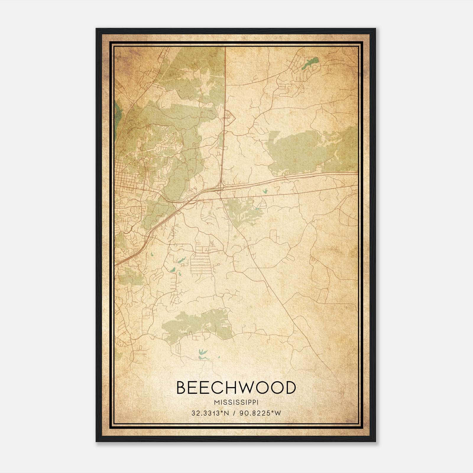 Vintage Beechwood Mississippi Map Poster, Beechwood MS City Road Wall Art Print Vintage Beechwood Mississippi Map Poster, Beechwood MS City Road Wall Art Print