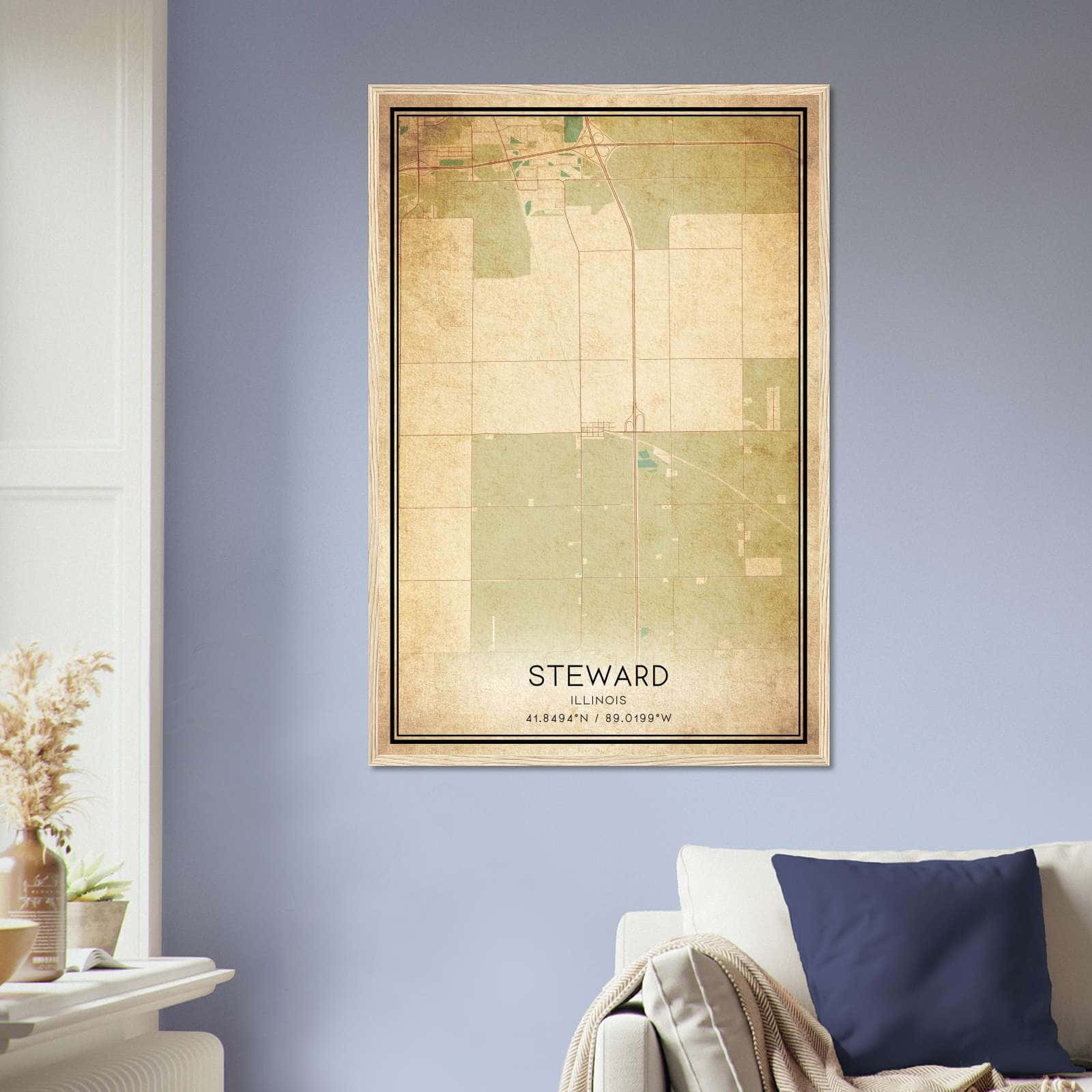 Vintage Steward Illinois Map Poster, Steward IL City Road Wall Art Print