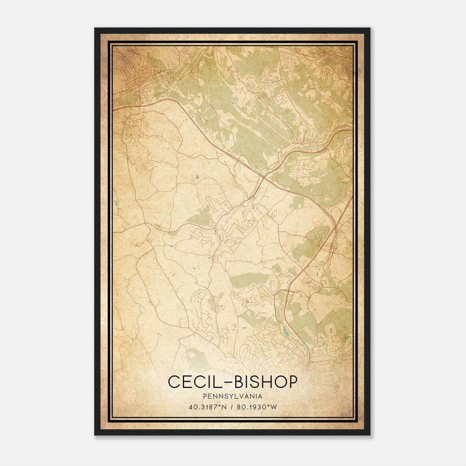 Vintage Cecil-Bishop Pennsylvania Map Poster, Cecil-Bishop PA City Road Wall Art Print Vintage Cecil-Bishop Pennsylvania Map Poster, Cecil-Bishop PA City Road Wall Art Print