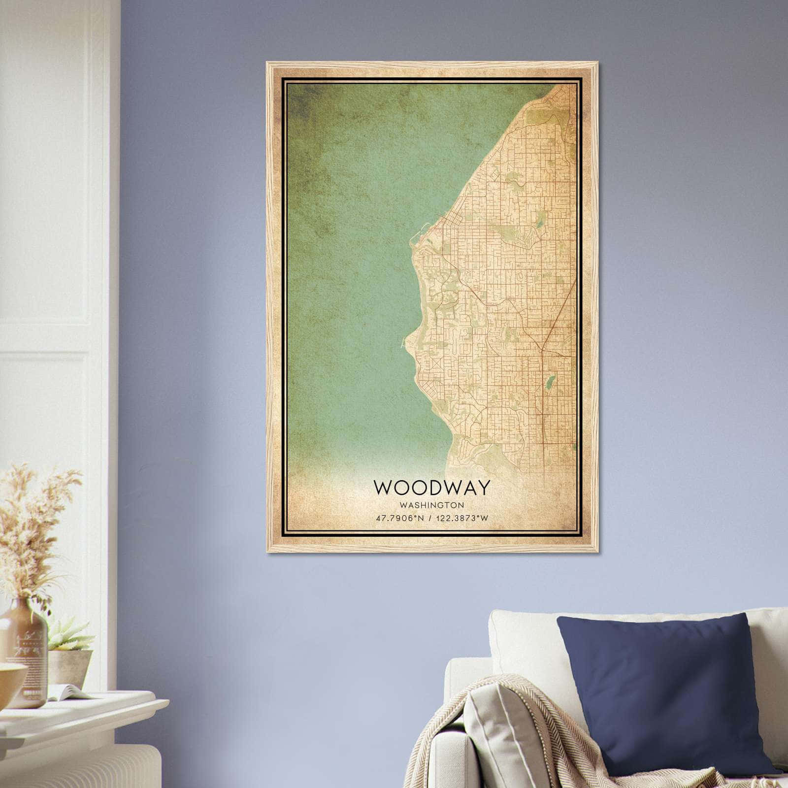 Vintage Woodway Washington Map Poster, Woodway WA City Road Wall Art Print