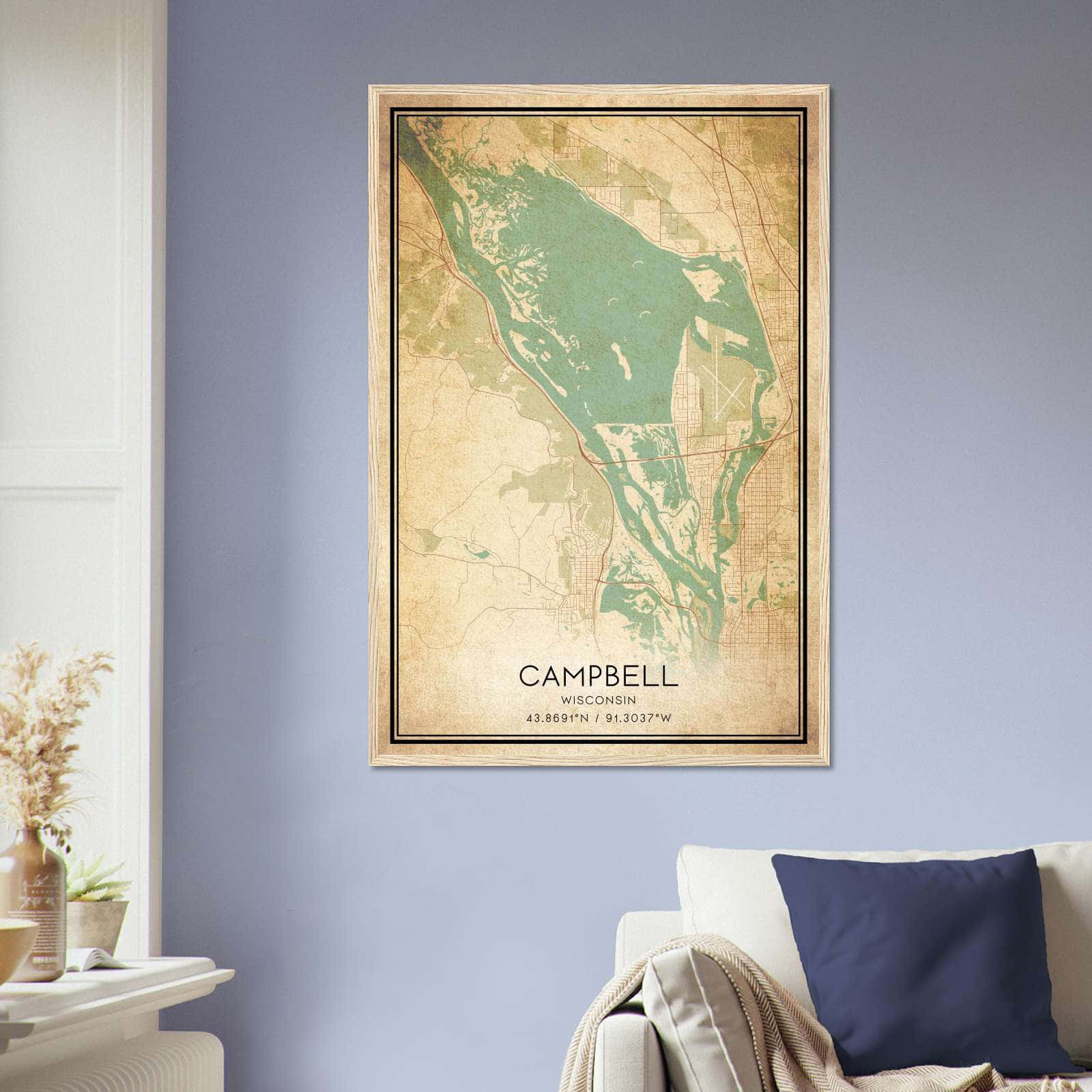 Vintage Campbell Wisconsin Map Poster, Campbell WI City Road Wall Art Print