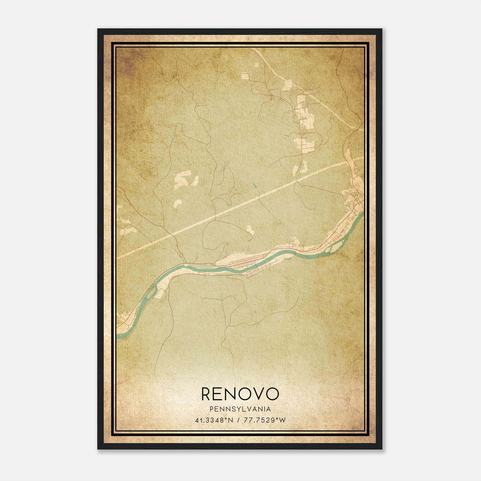 Vintage Renovo Pennsylvania Map Poster, Renovo PA City Road Wall Art