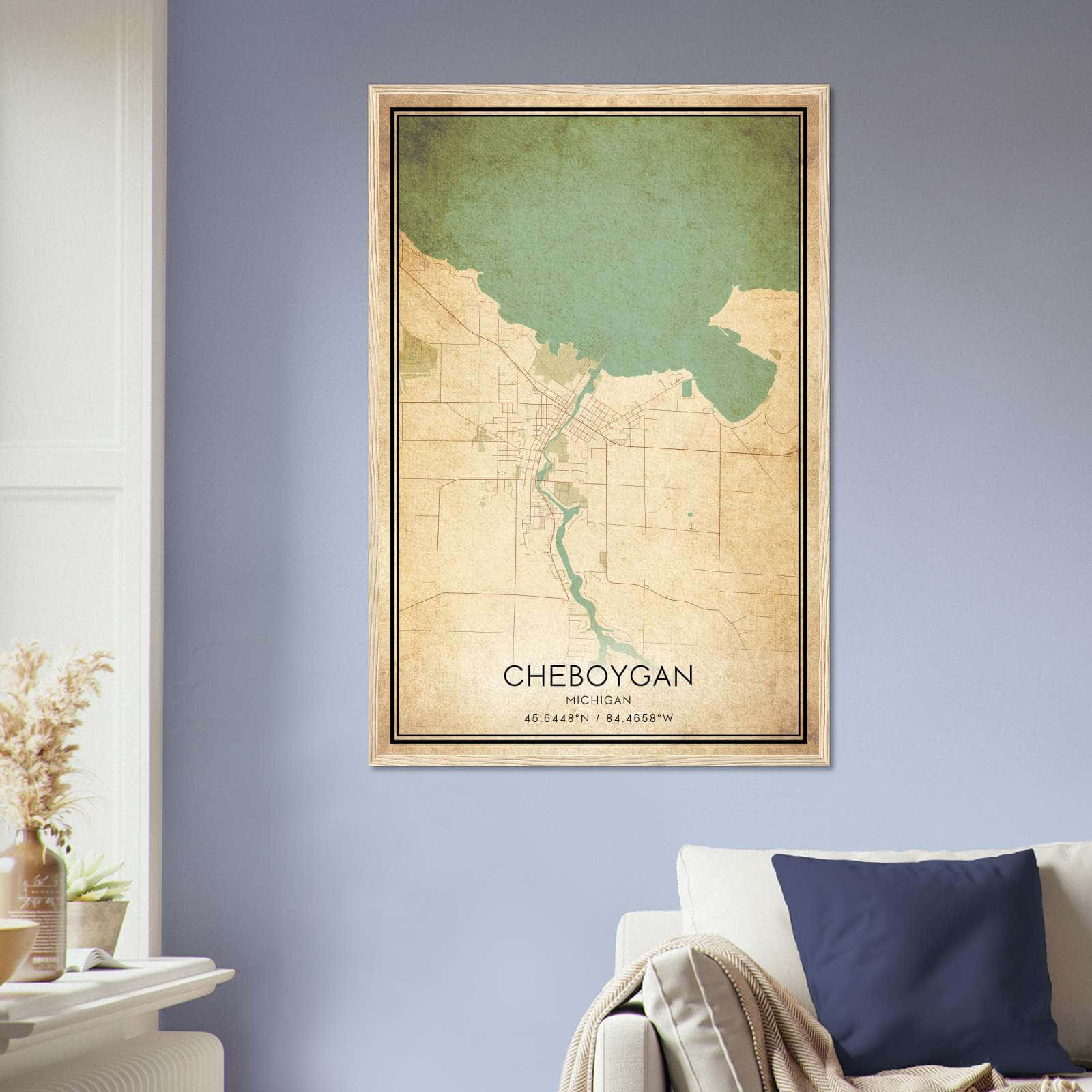 Vintage Cheboygan Michigan Map Poster, Cheboygan MI City Road Wall Art Print