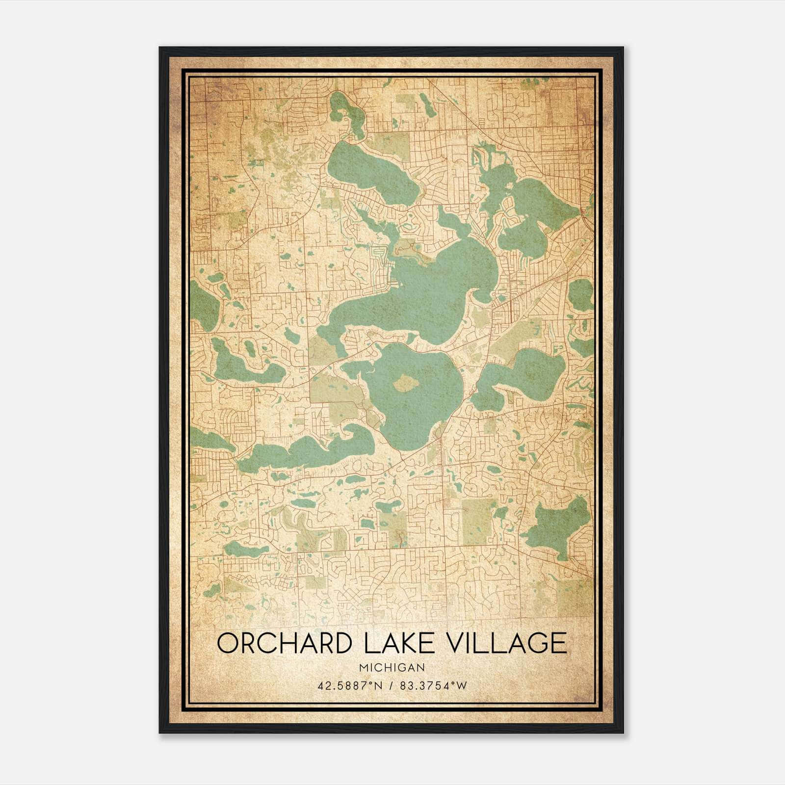 Vintage Orchard Lake Village Michigan Map Poster, Orchard Lake Village MI City Road Wall Art Print Vintage Orchard Lake Village Michigan Map Poster, Orchard Lake Village MI City Road Wall Art Print