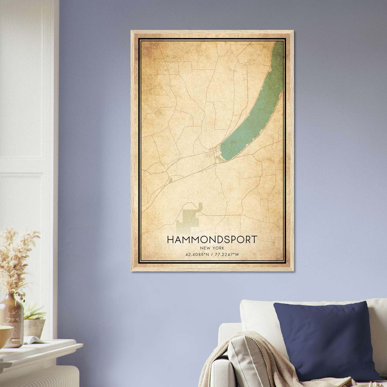 Vintage Hammondsport New York Map Poster, Hammondsport NY City Road Wall Art Print