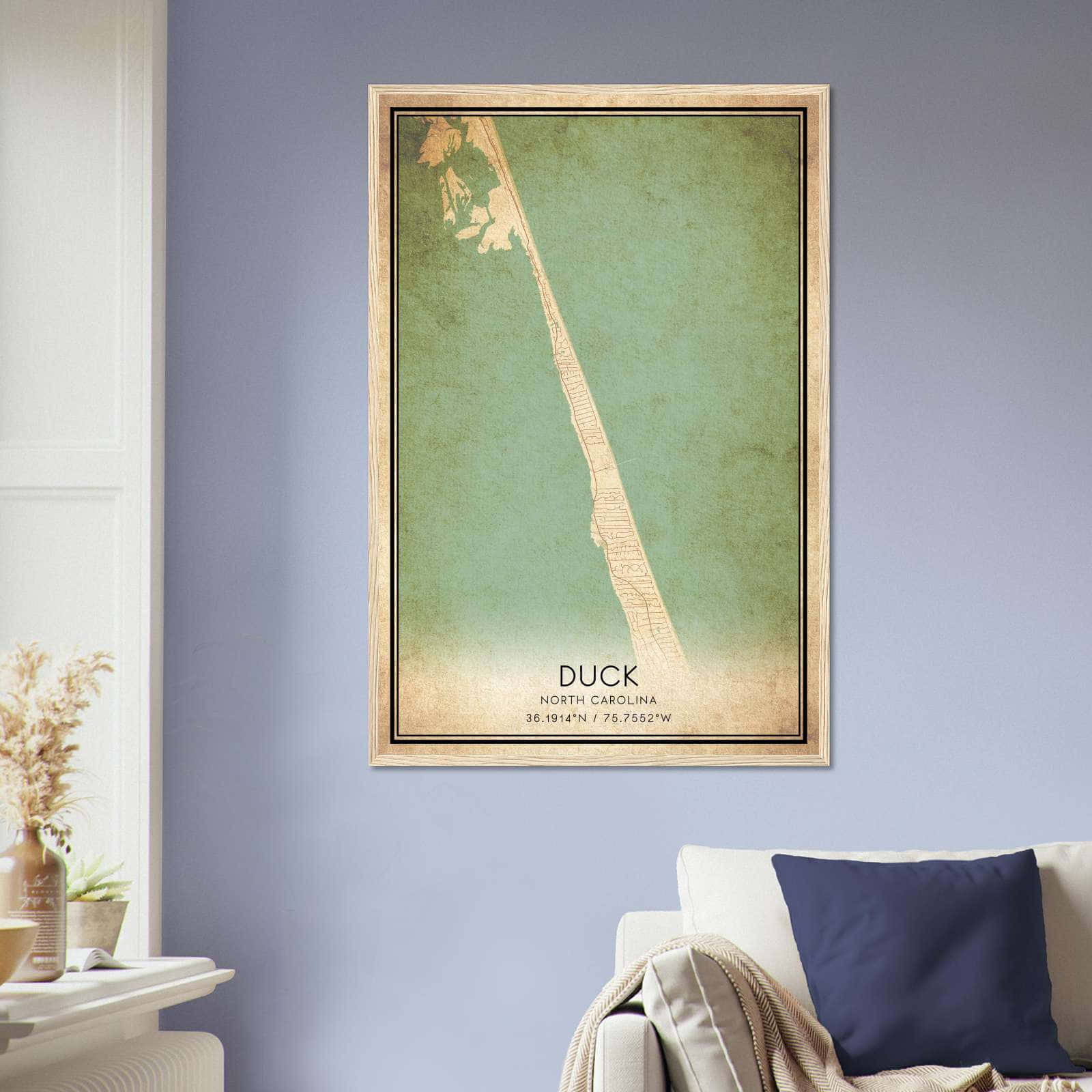 Vintage Duck North Carolina Map Poster, Duck NC City Road Wall Art Print