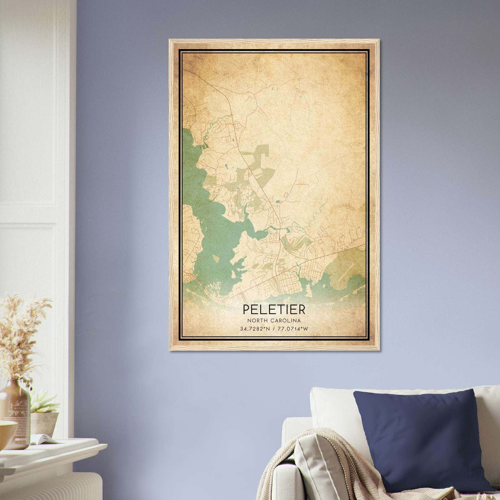 Vintage Peletier North Carolina Map Poster, Peletier NC City Road Wall Art Print