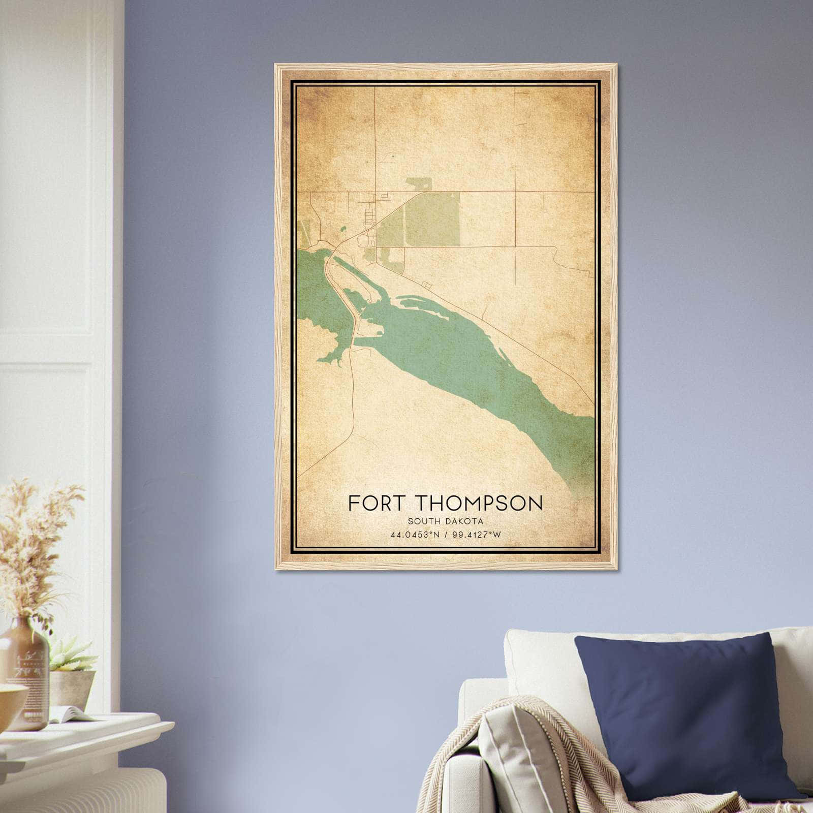 Vintage Fort Thompson South Dakota Map Poster, Fort Thompson SD City Road Wall Art Print