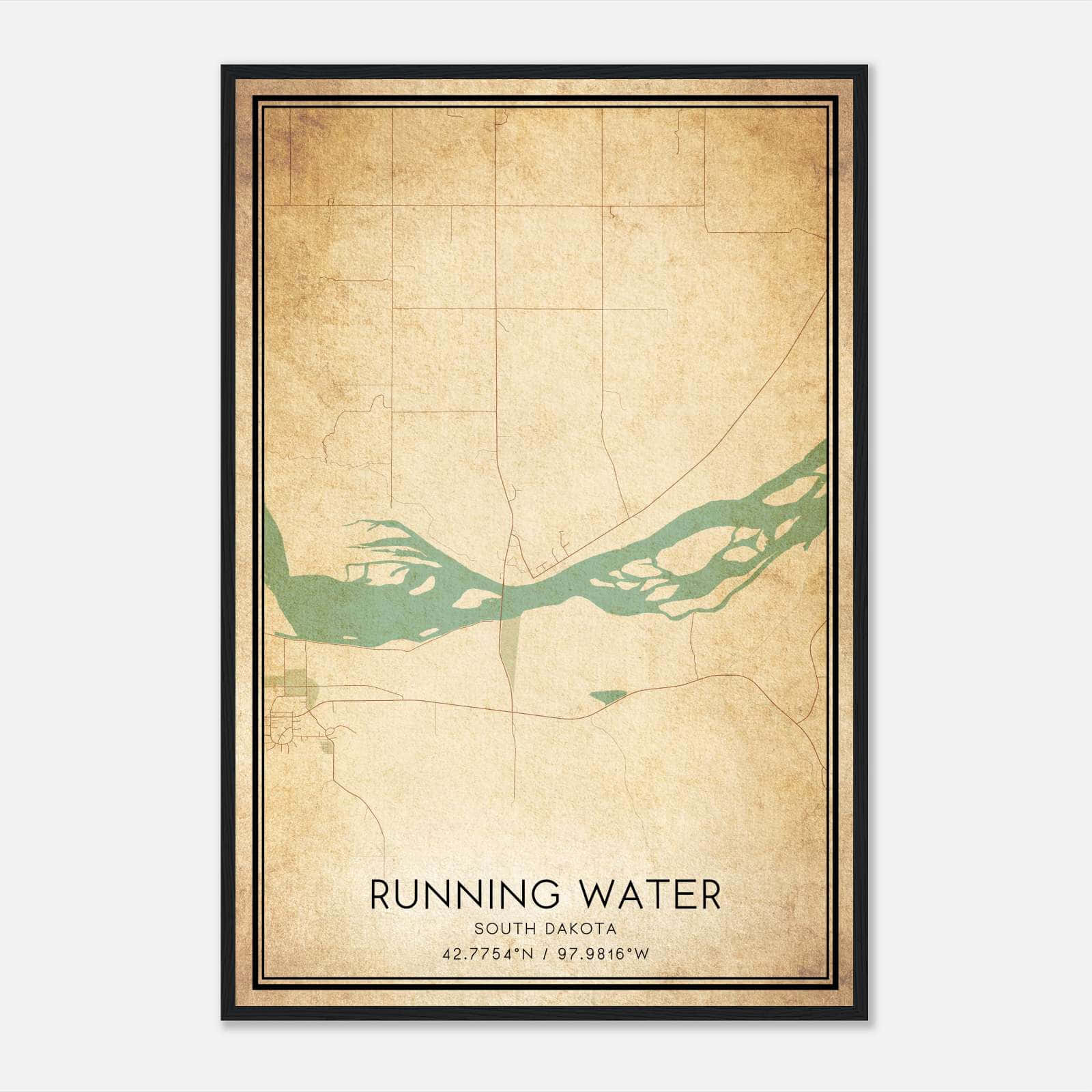 Vintage Running Water South Dakota Map Poster, Running Water SD City Road Wall Art Print Vintage Running Water South Dakota Map Poster, Running Water SD City Road Wall Art Print