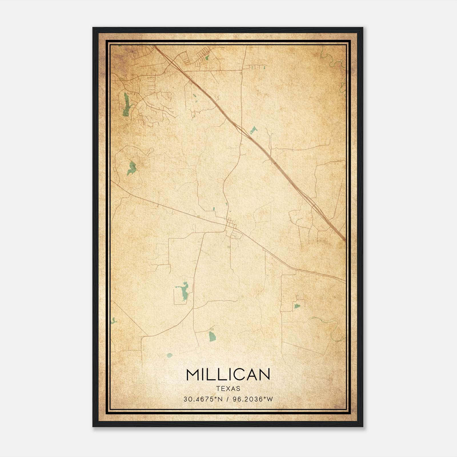 Vintage Millican Texas Map Poster, Millican TX City Road Wall Art Print Vintage Millican Texas Map Poster, Millican TX City Road Wall Art Print